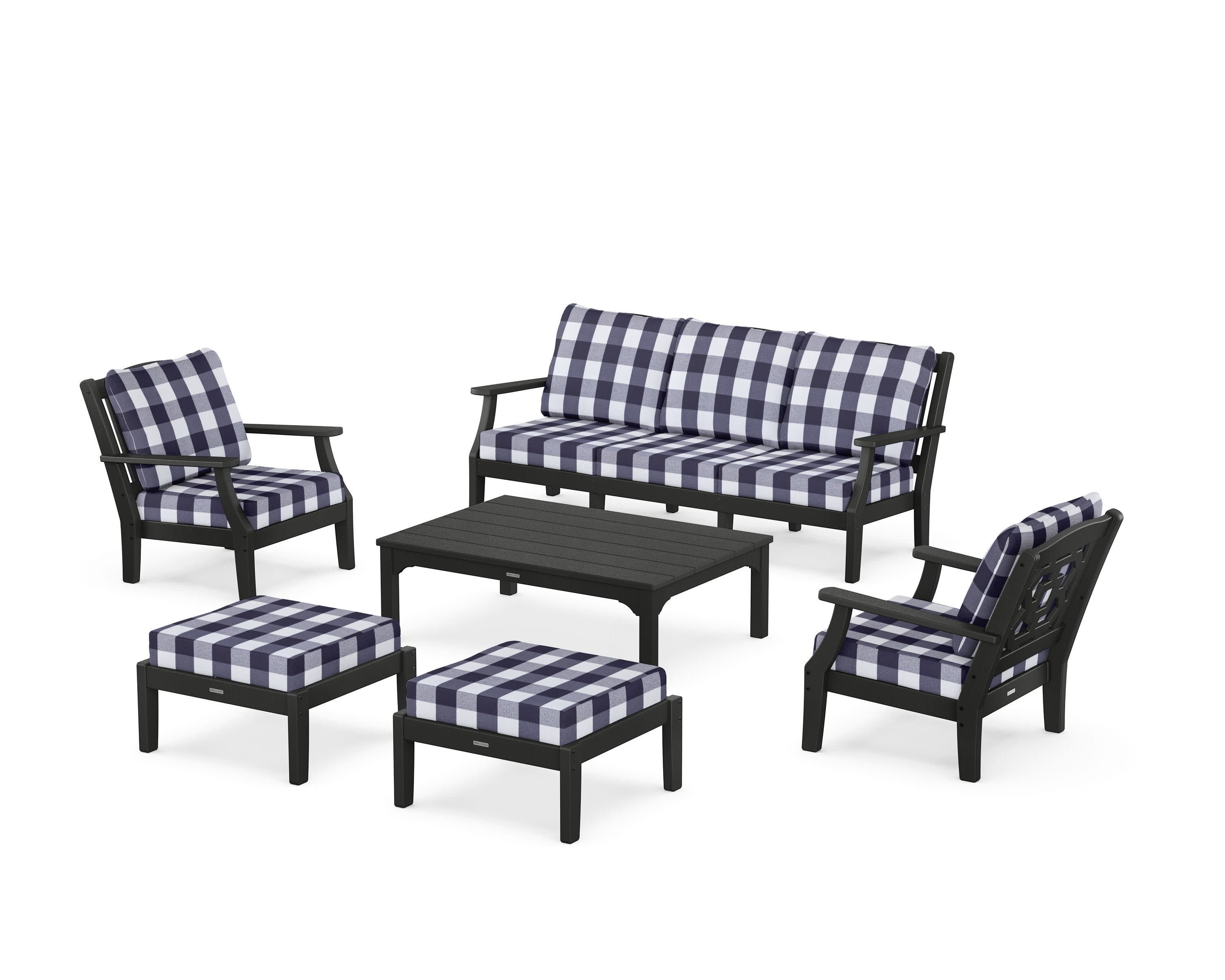 Chinoiserie 6-Piece Lounge Sofa Set in Black / Buffalo Plaid Navy