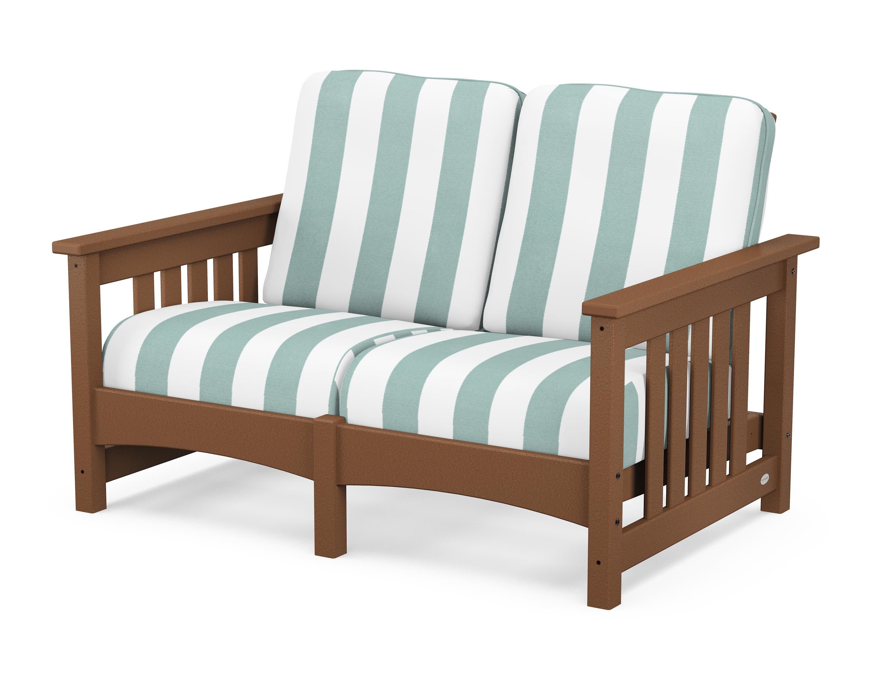 Club Mission Loveseat in Teak / Cabana Stripe Glacier Spa