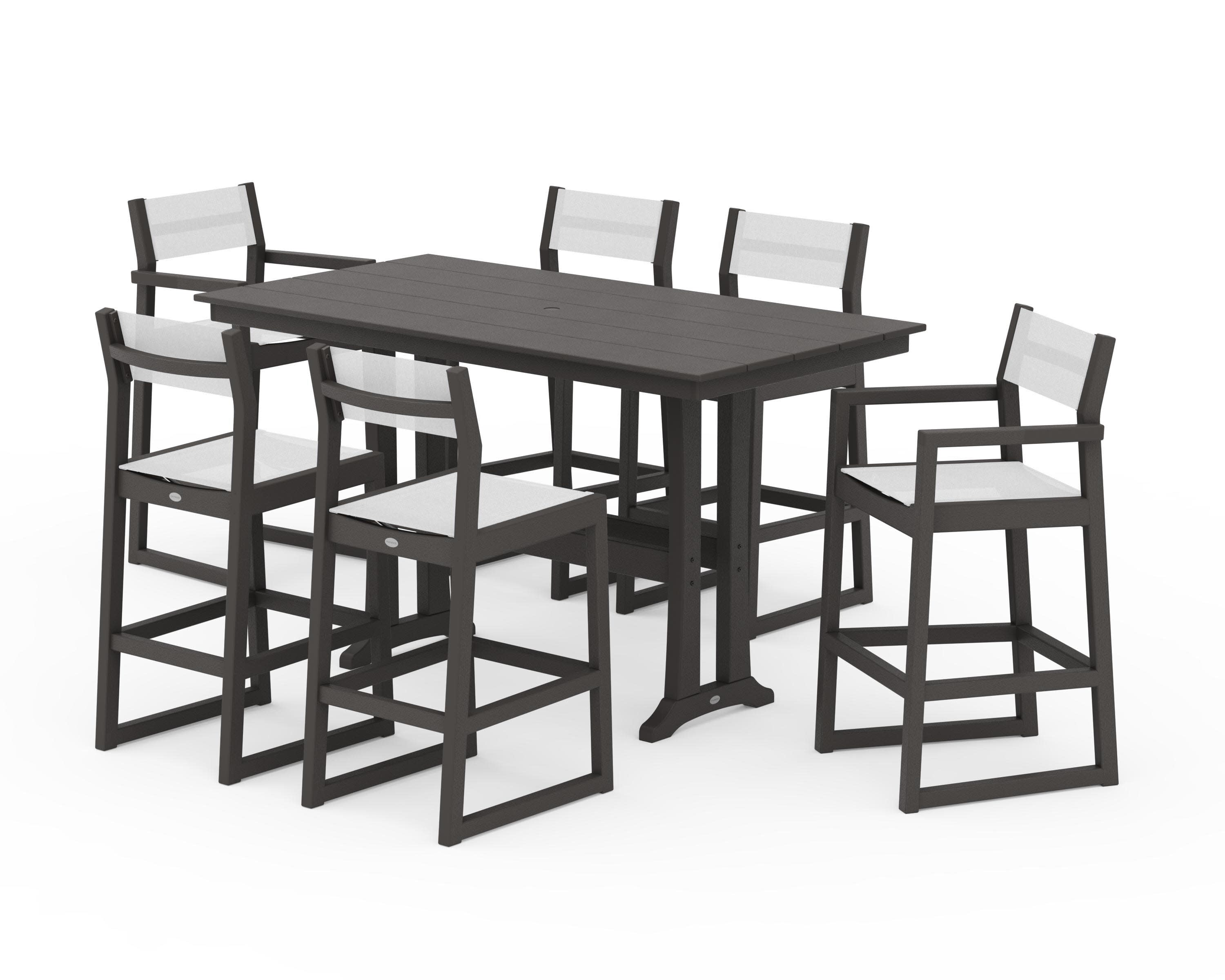 EDGE Sling 7-Piece Farmhouse Bar Set with Trestle Legs in Vintage Coffee / White Sling