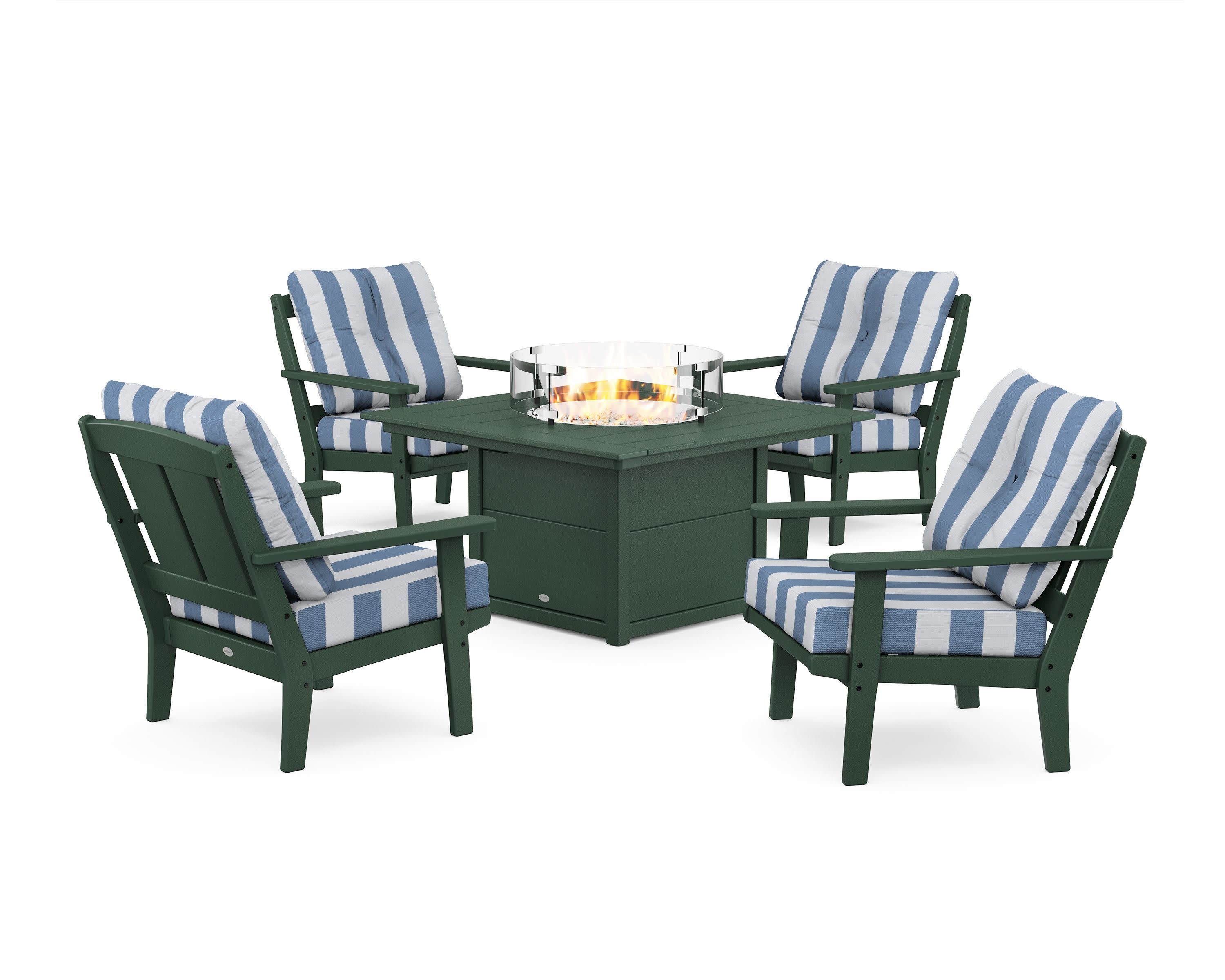 Mission 5-Piece Deep Seating Set with Fire Pit Table in Green / Cabana Stripe Sky Blue
