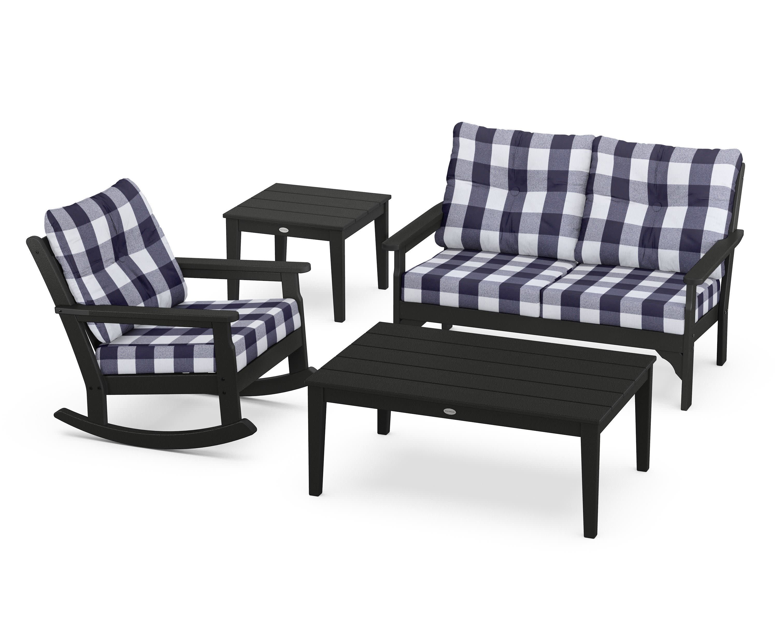 Vineyard 4-Piece Deep Seating Rocker Set in Black / Buffalo Plaid Navy
