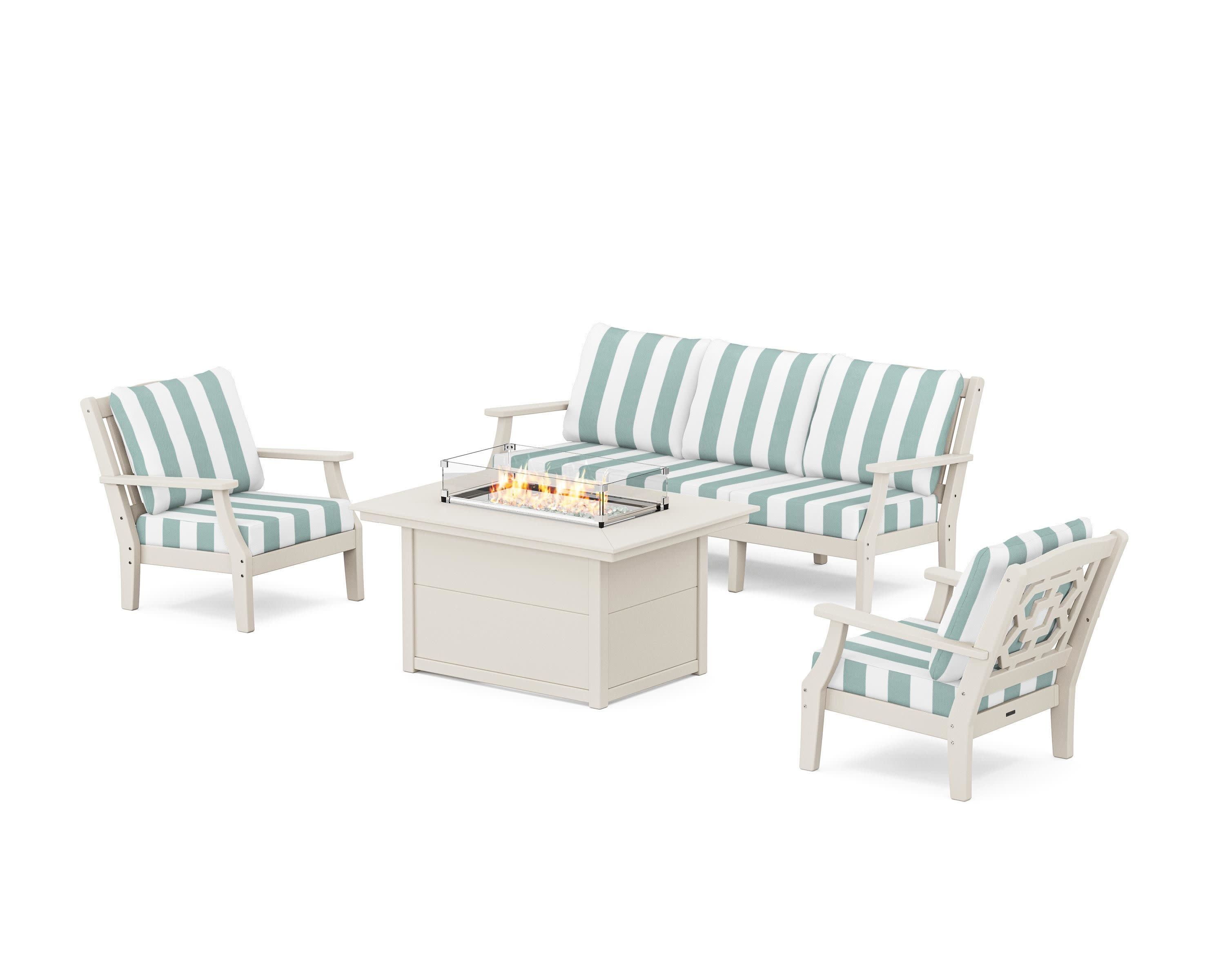 Chinoiserie Deep Seating Fire Pit Table Set in Sand / Cabana Stripe Glacier Spa