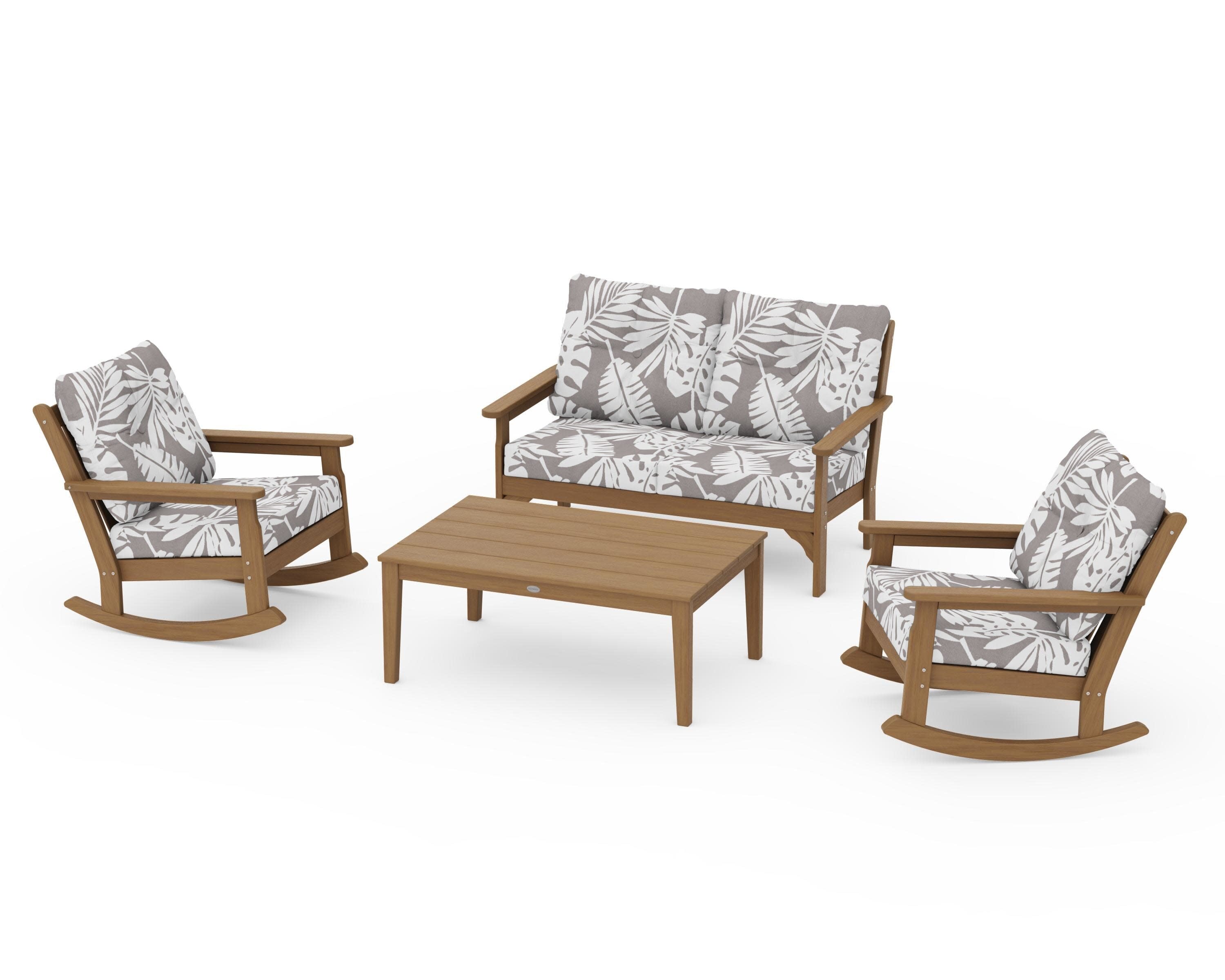 Vineyard 4-Piece Deep Seating Rocking Chair Set in Natural / Leaf Grey Mist