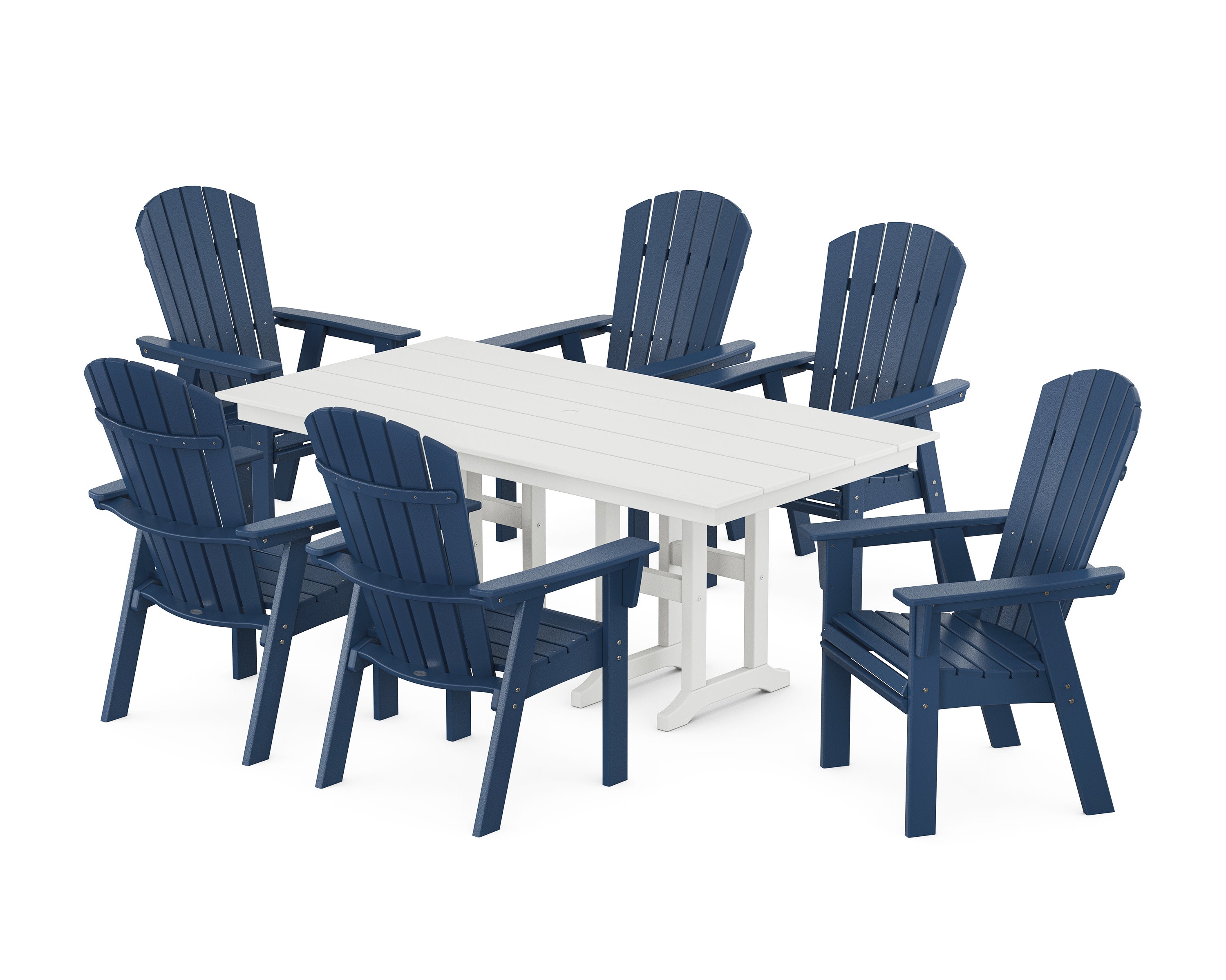 Nautical Curveback Adirondack 7-Piece Farmhouse Dining Set in Navy / White