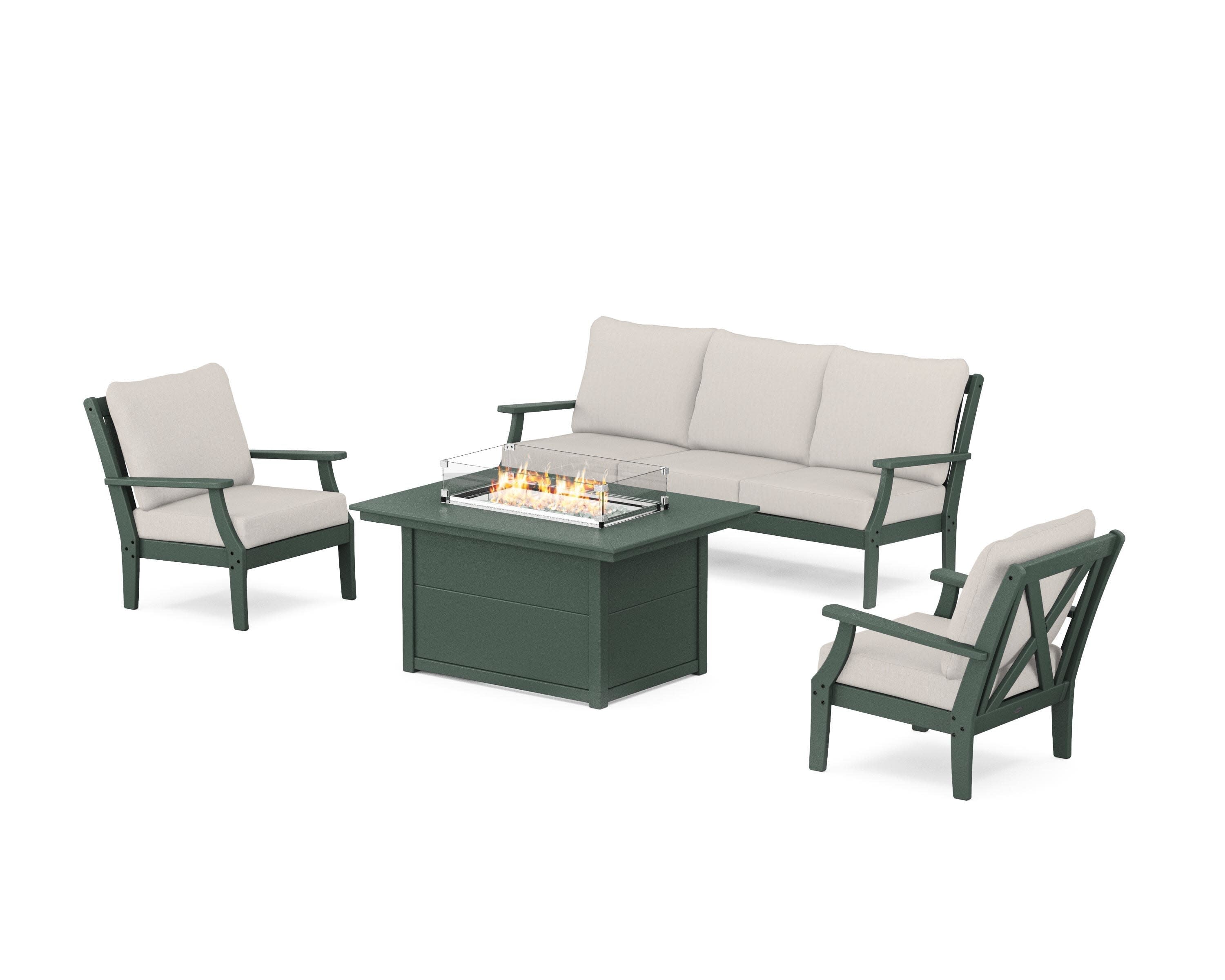 Braxton Deep Seating Fire Pit Table Set in Green / Cast Ash