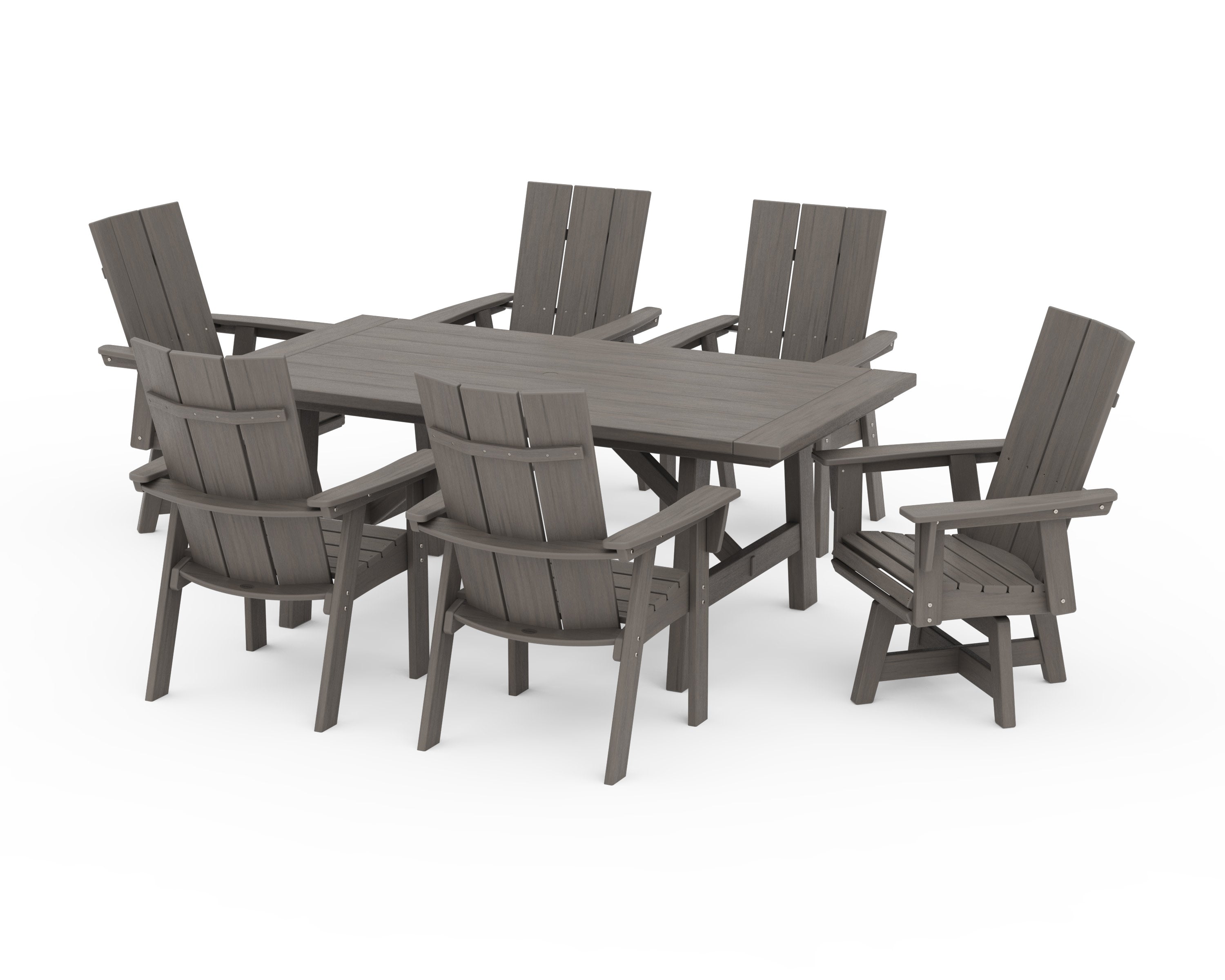 Modern Curveback Adirondack 7-Piece Rustic Farmhouse Swivel Dining Set in Driftwood