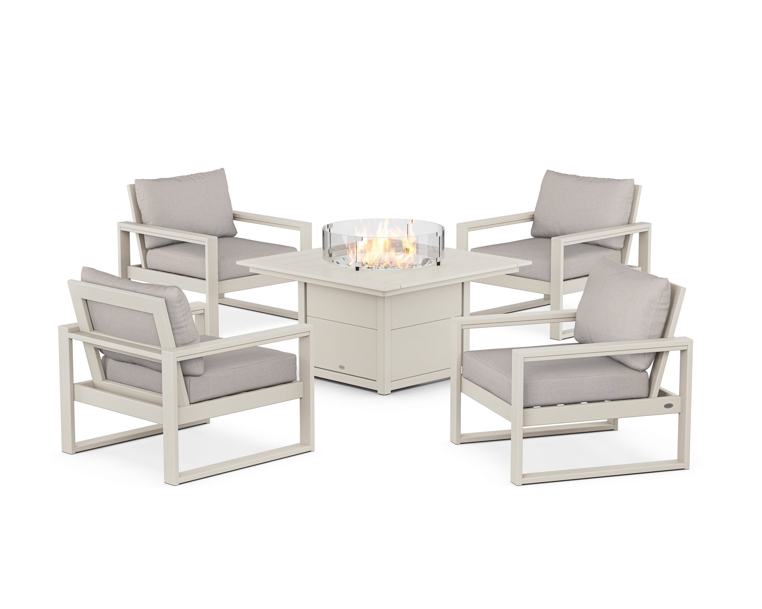 EDGE Sectional 5-Piece Deep Seating Set with Fire Pit Table in Sand / Dune Burlap