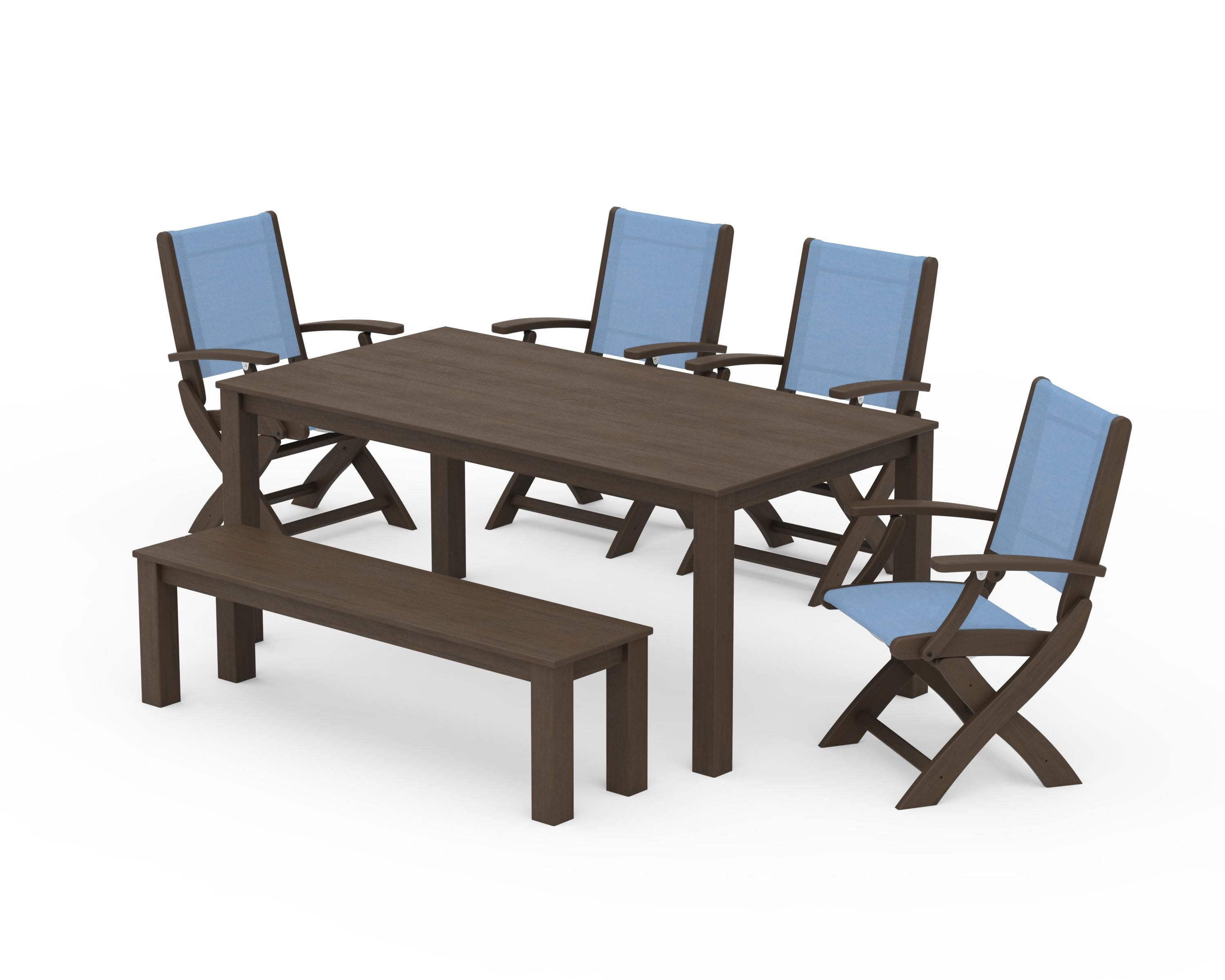 Coastal Folding Chair 6-Piece Parsons Dining Set with Bench in Kona / Poolside Sling