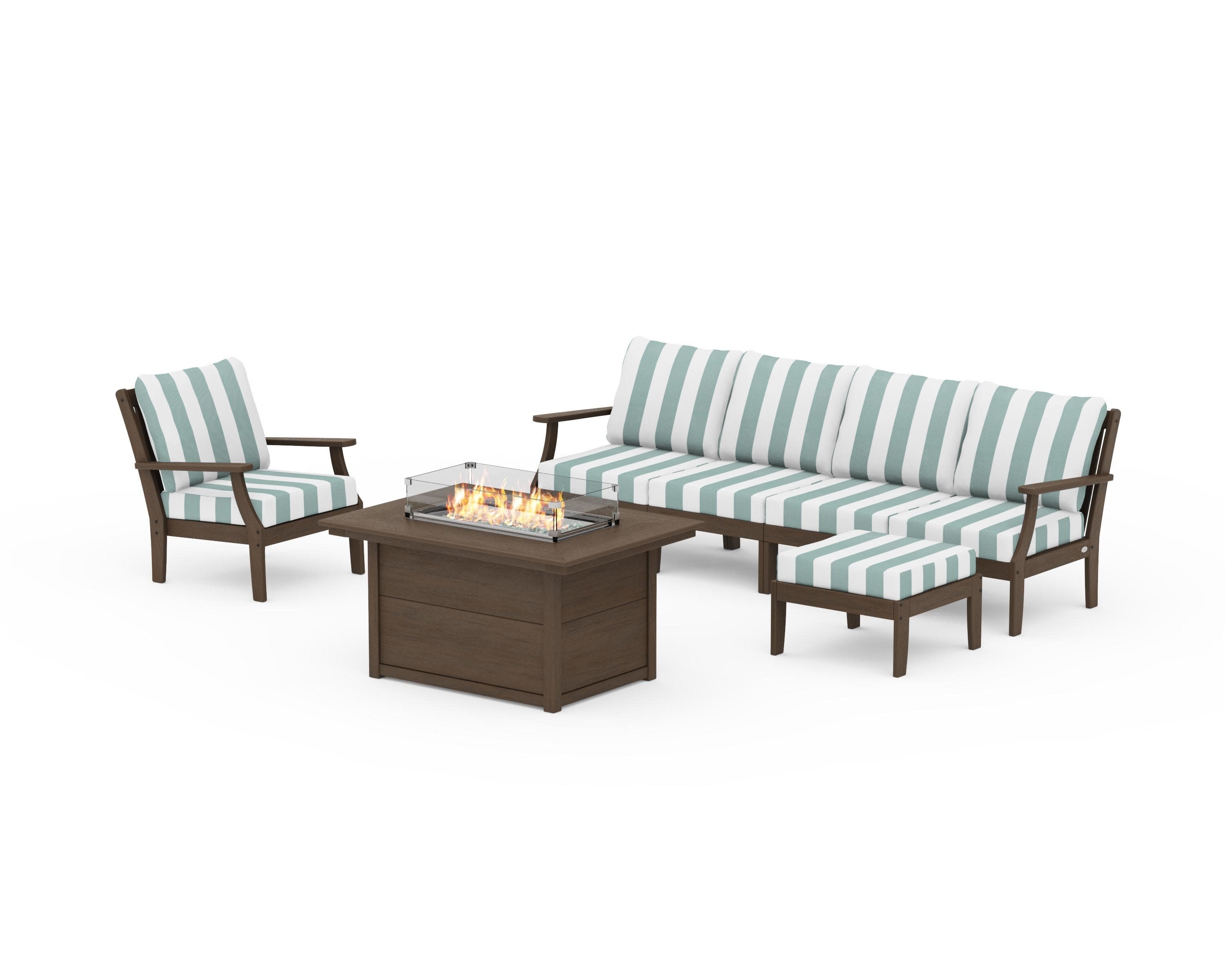 Braxton Sectional Lounge and Fire Pit Set in Kona / Cabana Stripe Glacier Spa
