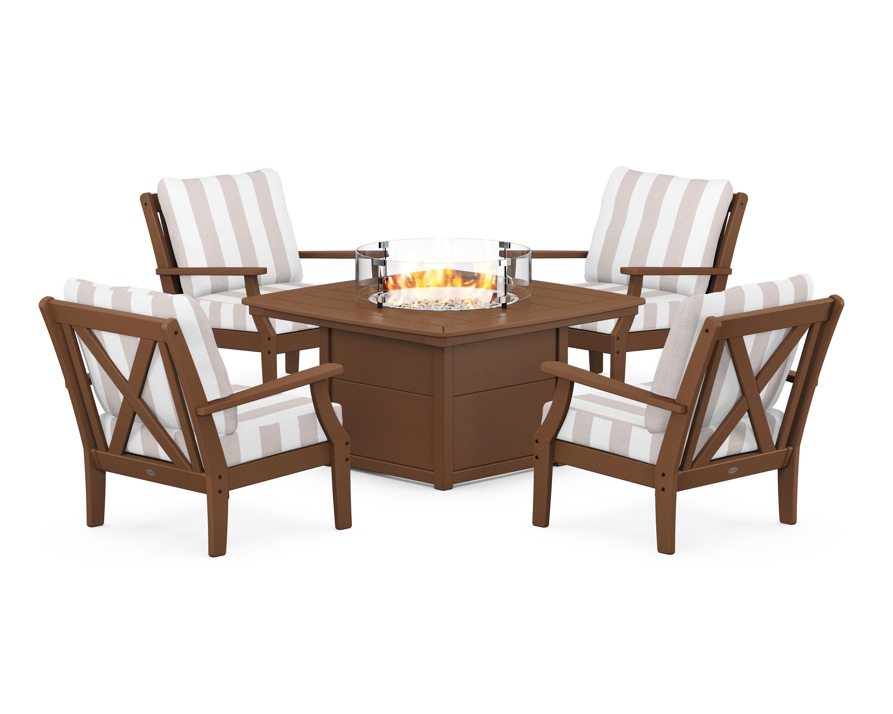 Braxton 5-Piece Deep Seating Conversation Set with Fire Pit Table in Teak / Cabana Stripe Dune Burlap