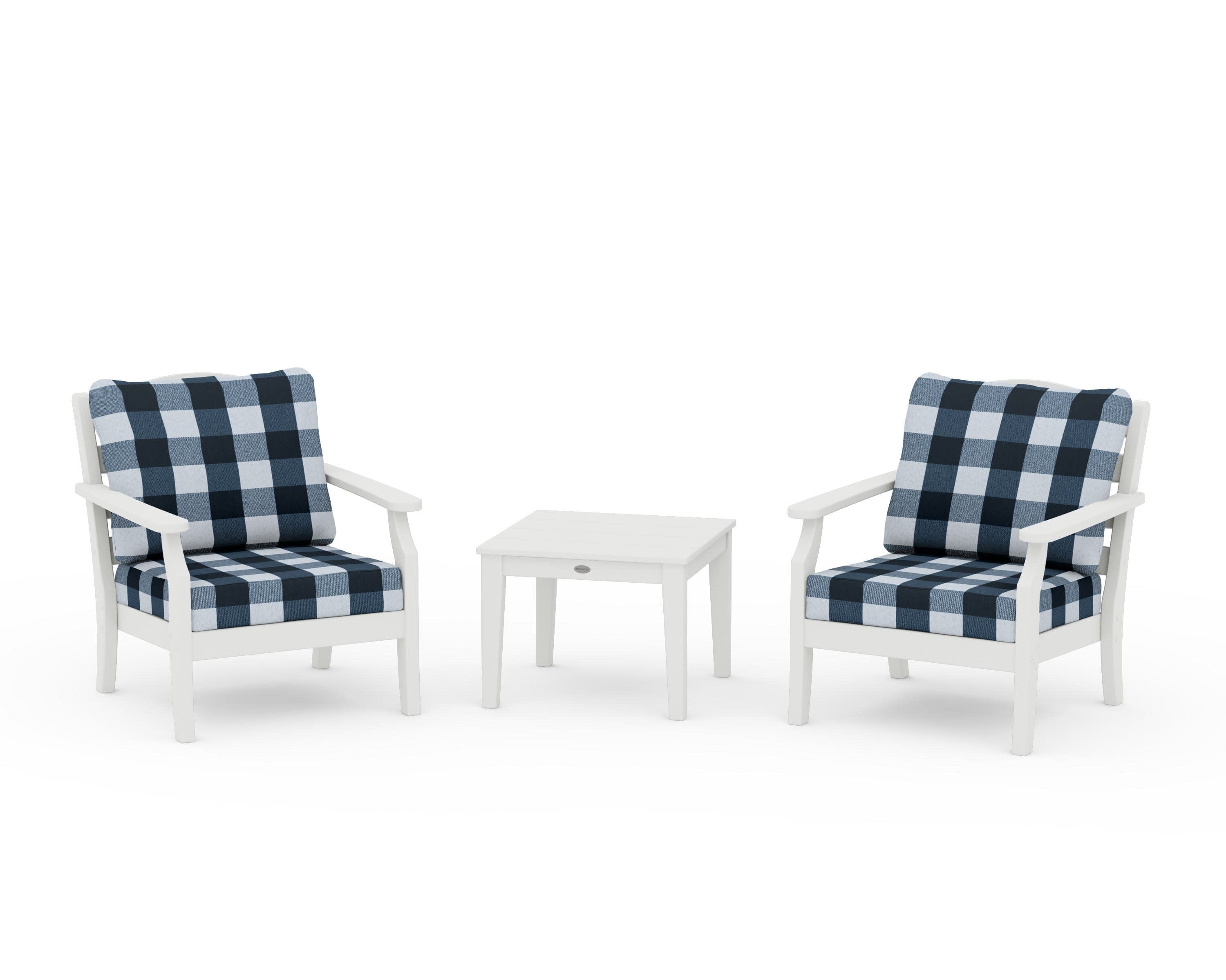 Savannah 3-Piece Deep Seating Set in Vintage White / Buffalo Plaid Marine Indigo