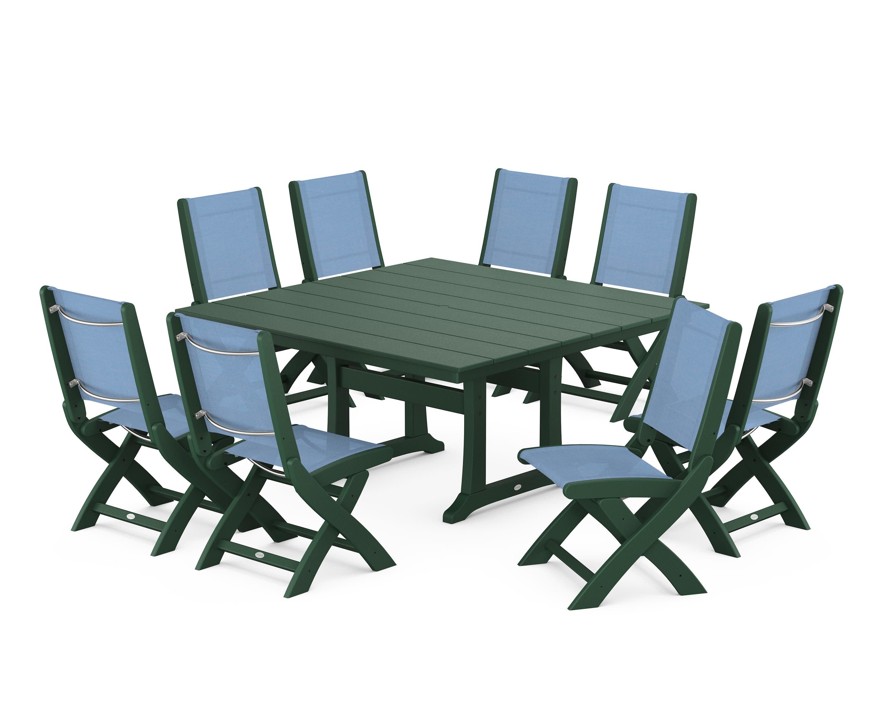 Coastal Folding Side Chair 9-Piece Farmhouse Dining Set in Green / Poolside Sling