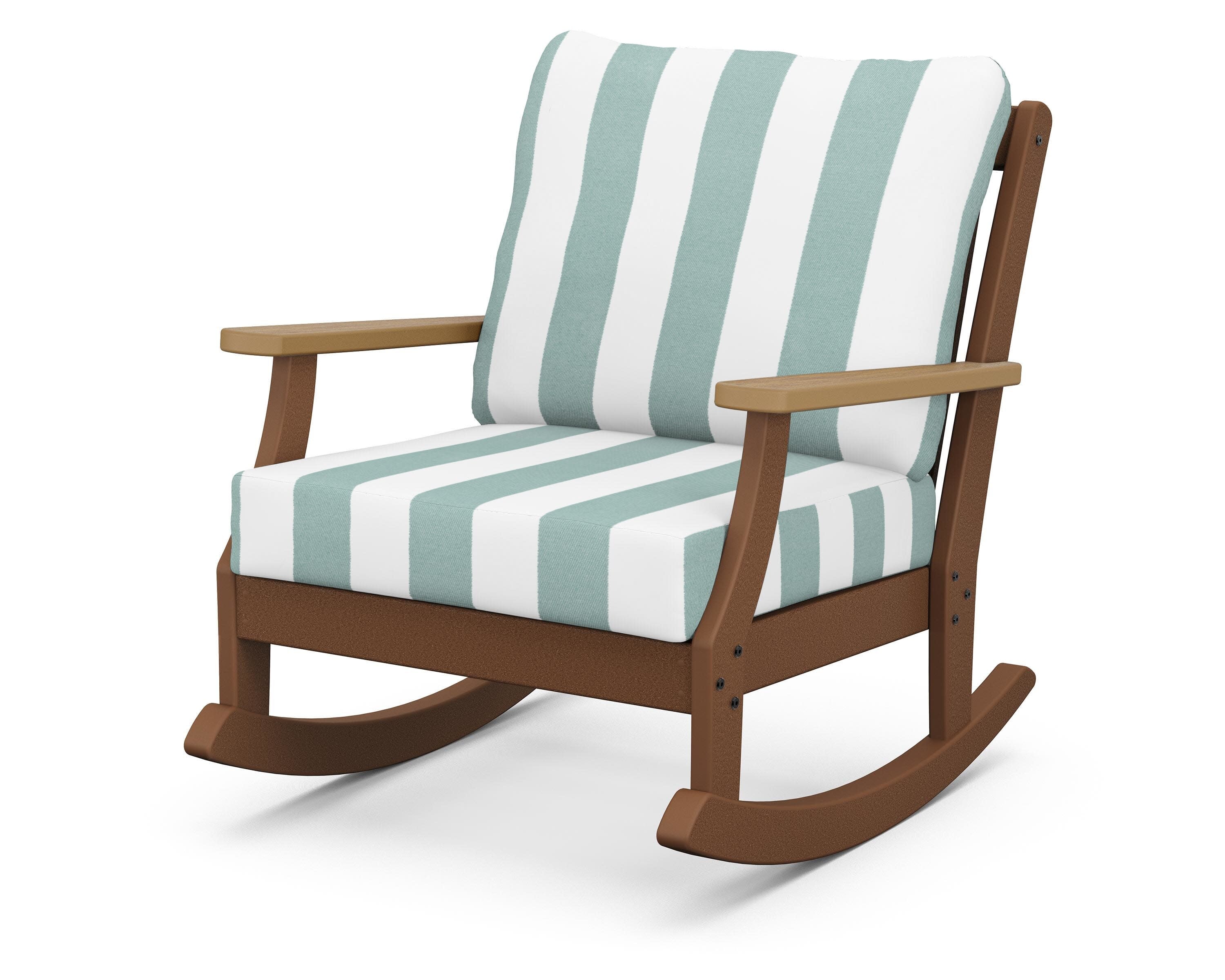 Braxton Deep Seating Rocking Chair in Teak / Natural / Cabana Stripe Glacier Spa