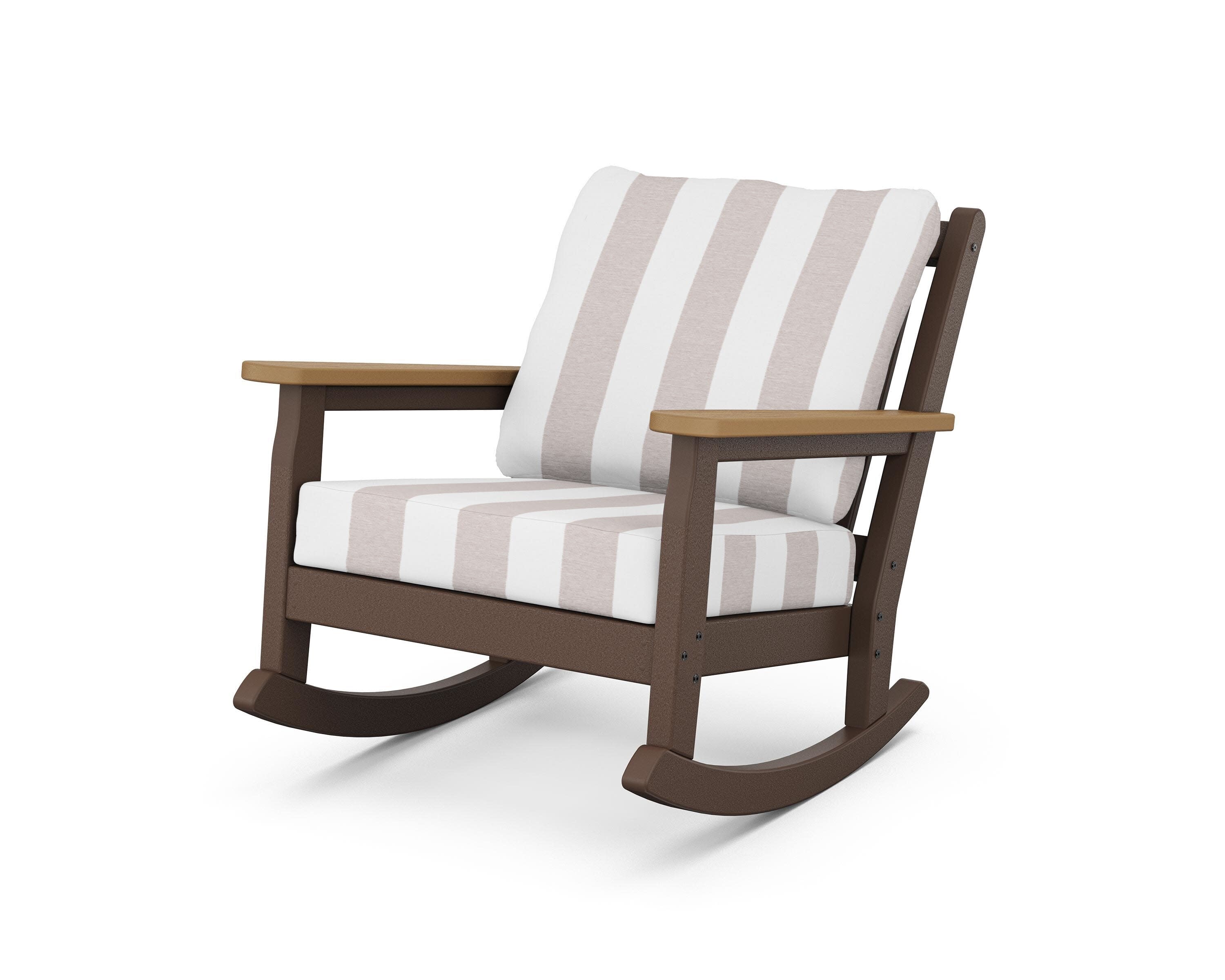 Chippendale Deep Seating Rocking Chair in Mahogany / Natural / Cabana Stripe Dune Burlap