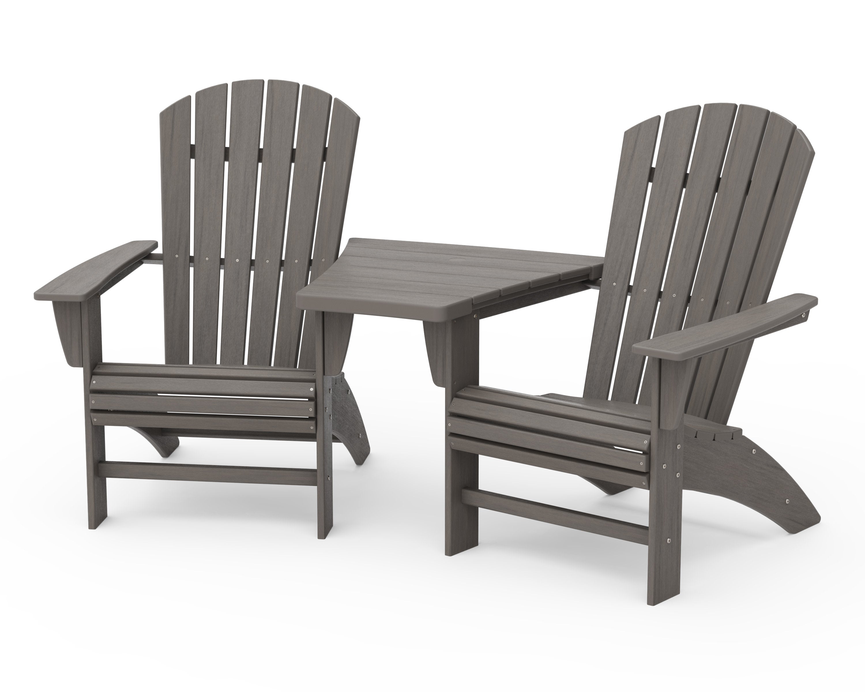 Nautical 3-Piece Curveback Adirondack Set with Angled Connecting Table in Driftwood