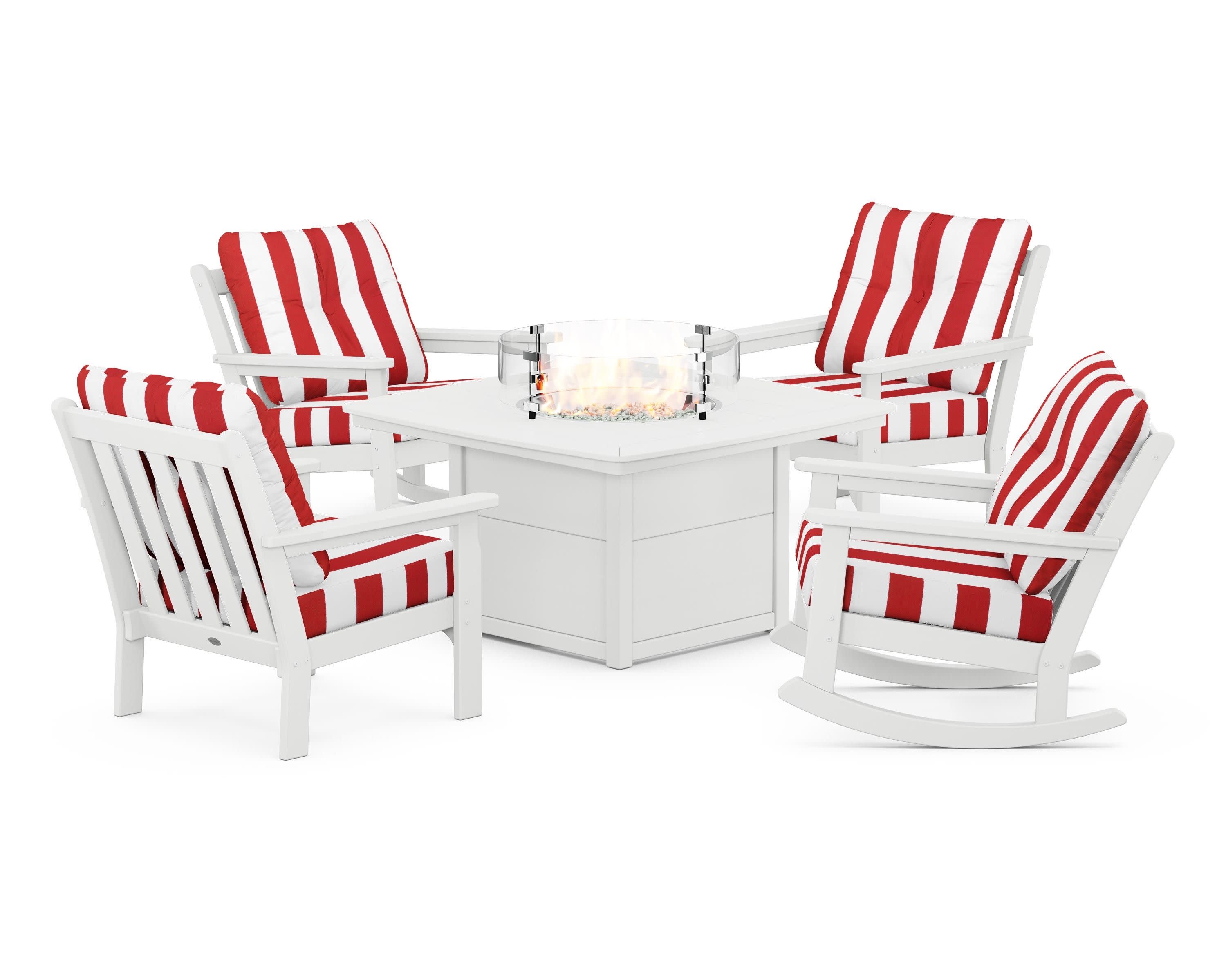 Vineyard 5-Piece Deep Seating Rocking Chair Conversation Set with Fire Pit Table in White / Cabana Stripe Crimson