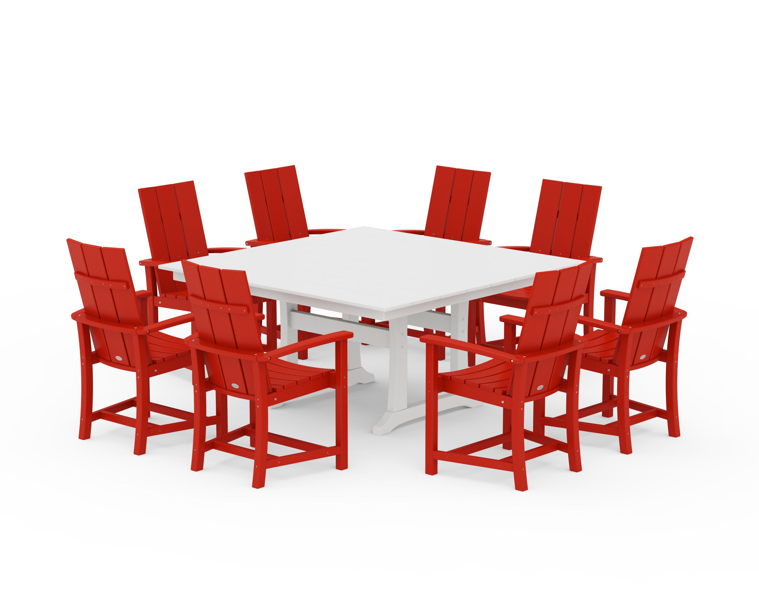 Modern Adirondack 9-Piece Farmhouse Trestle Dining Set in Sunset Red / White
