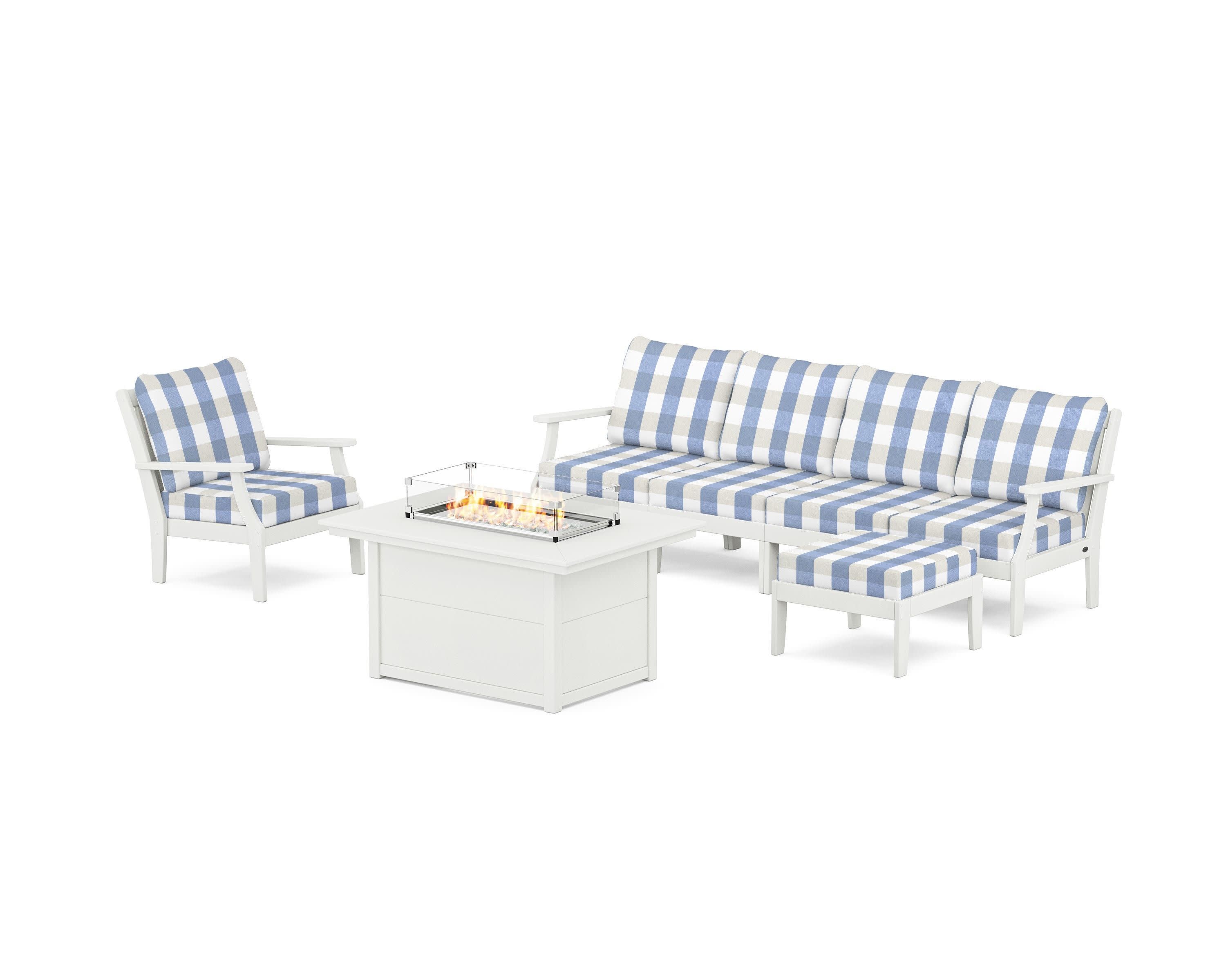 Braxton Sectional Lounge and Fire Pit Set in Vintage White / Buffalo Plaid Sky Blue