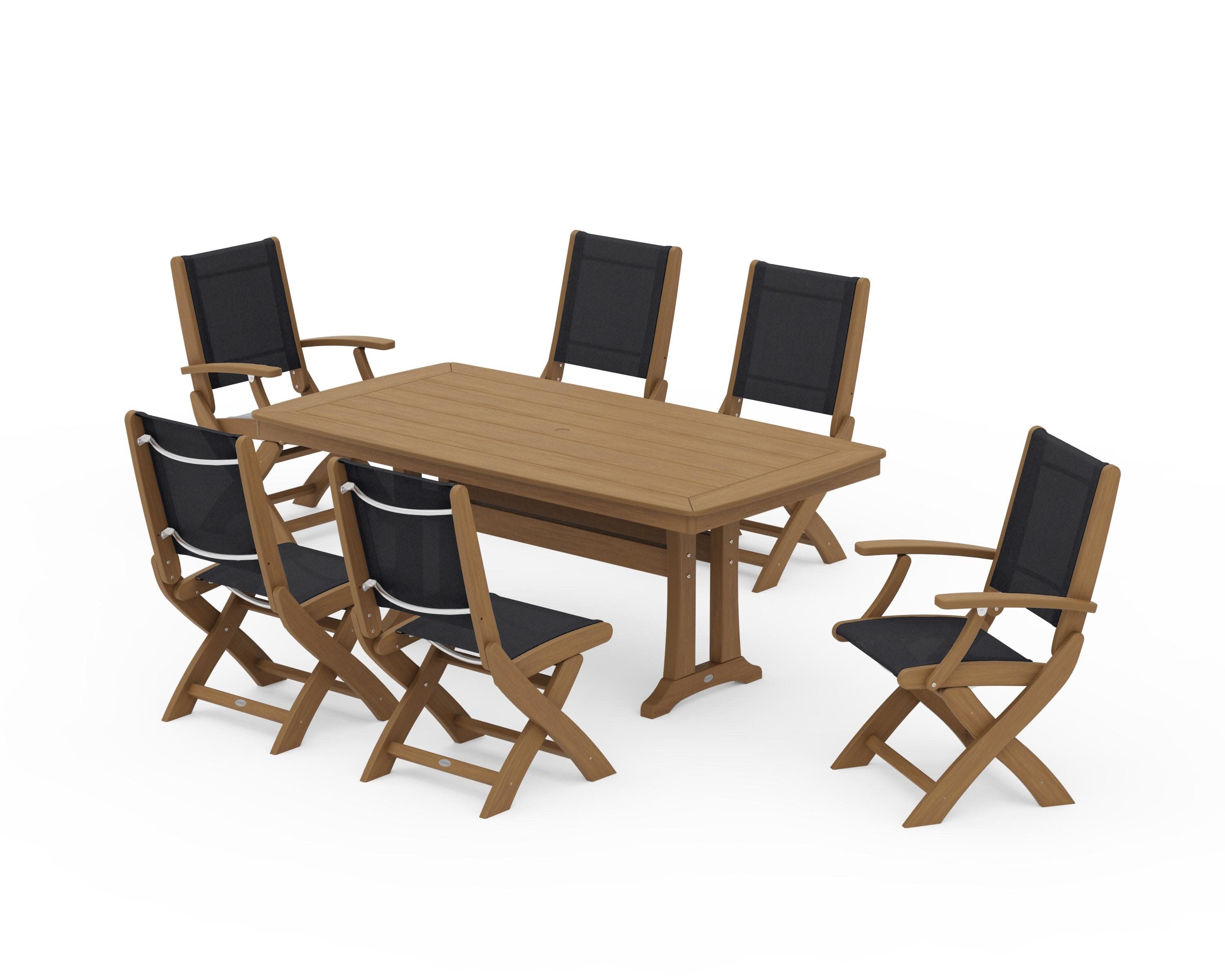 Coastal Folding Chair 7-Piece Dining Set with Trestle Legs in Natural / Black Sling