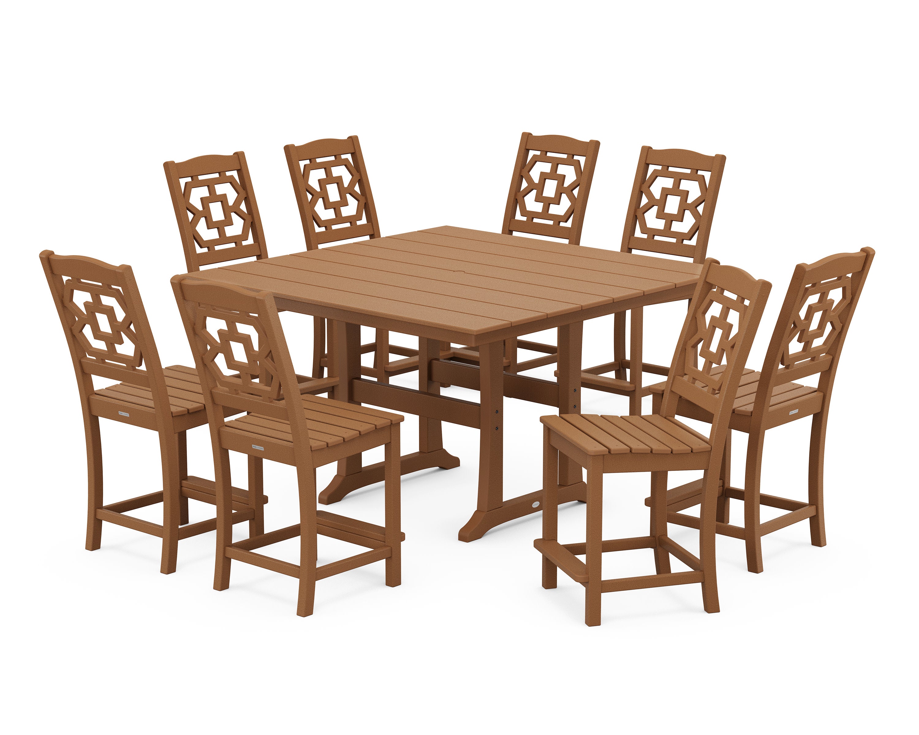 Chinoiserie 9-Piece Square Farmhouse Side Chair Counter Set with Trestle Legs in Teak