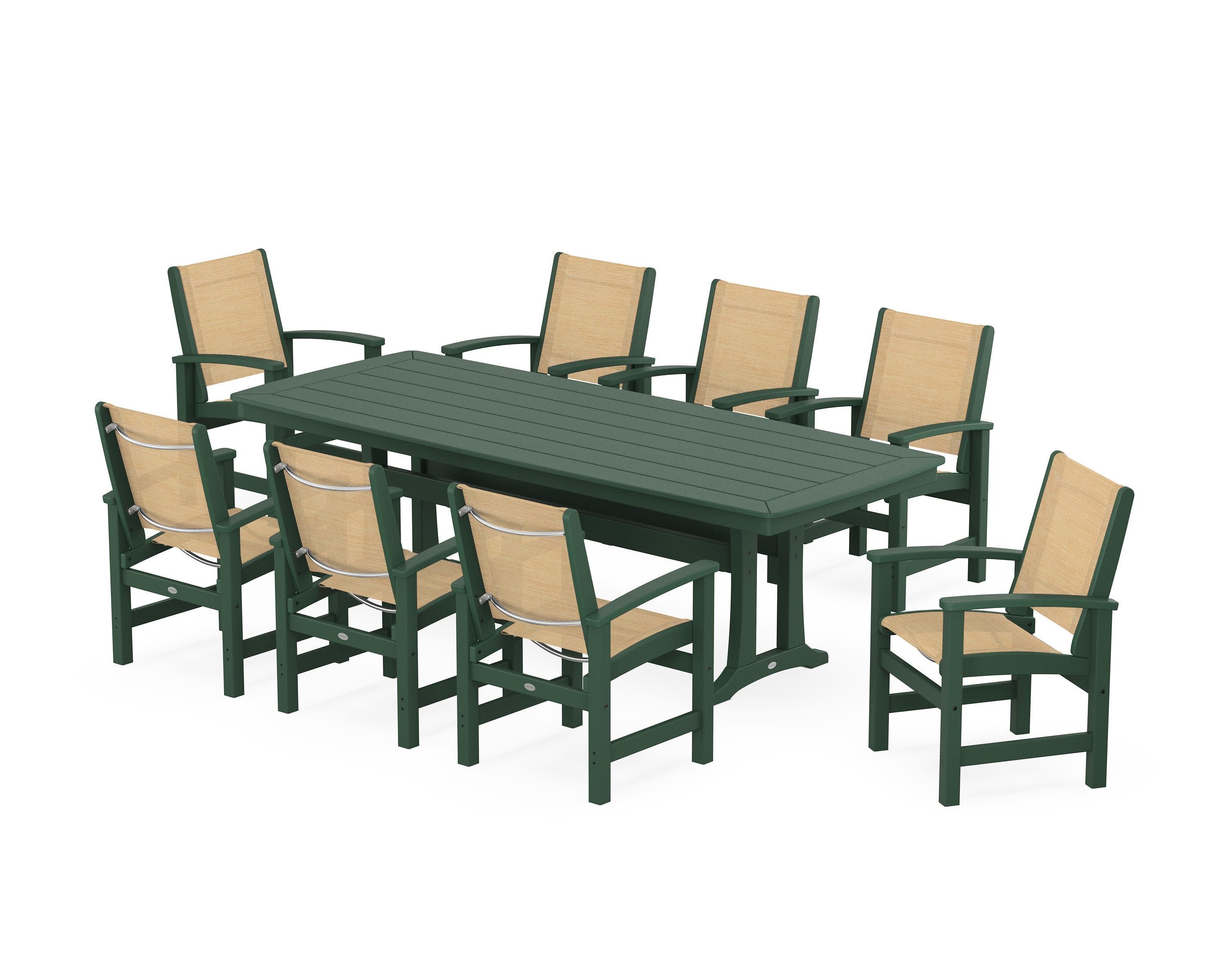 Coastal 9-Piece Dining Set with Trestle Legs in Green / Dupioni Apricot Sling