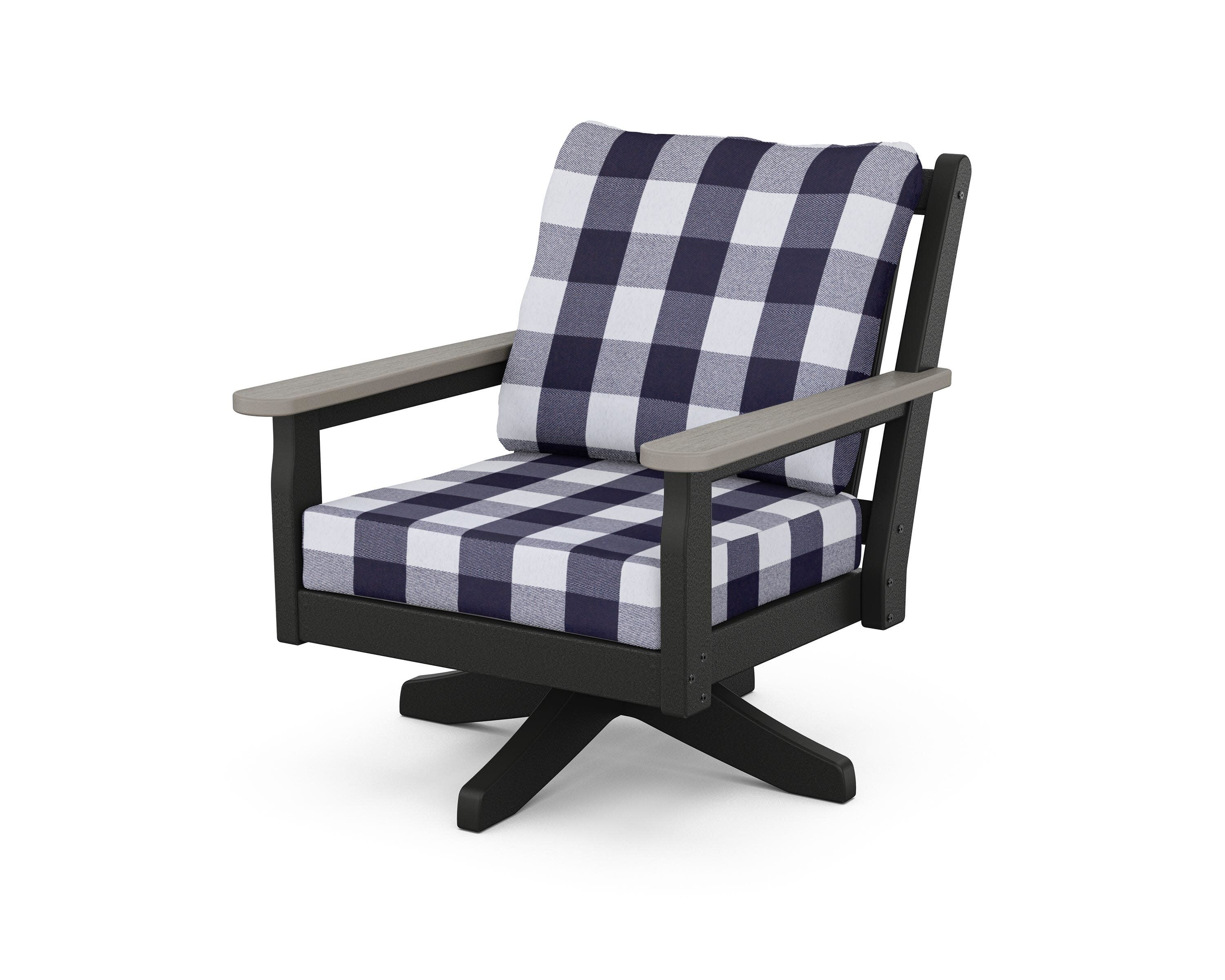 Chippendale Deep Seating Swivel Chair in Black / Driftwood / Buffalo Plaid Navy