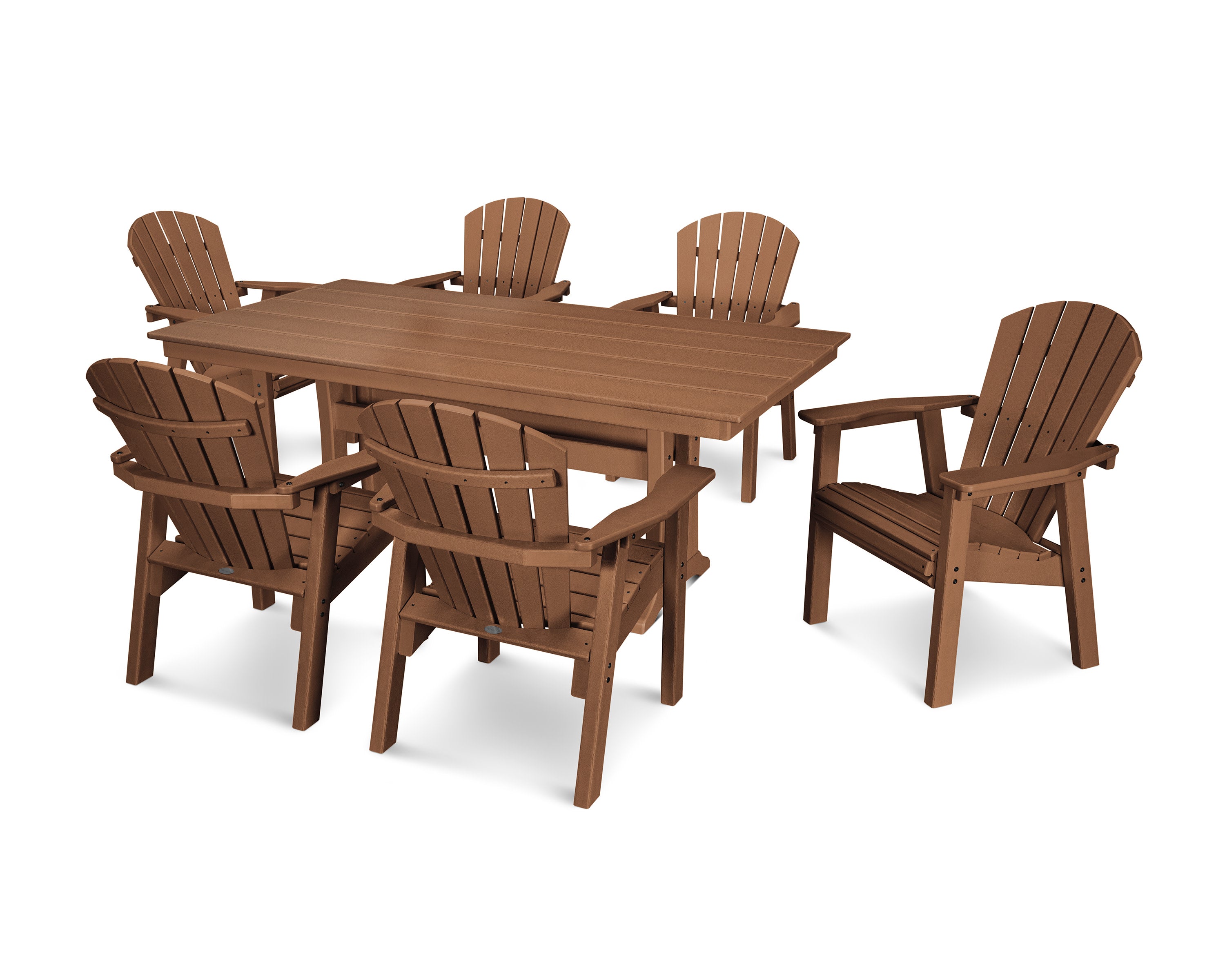 Seashell 7-Piece Farmhouse Dining Set with Trestle Legs in Teak