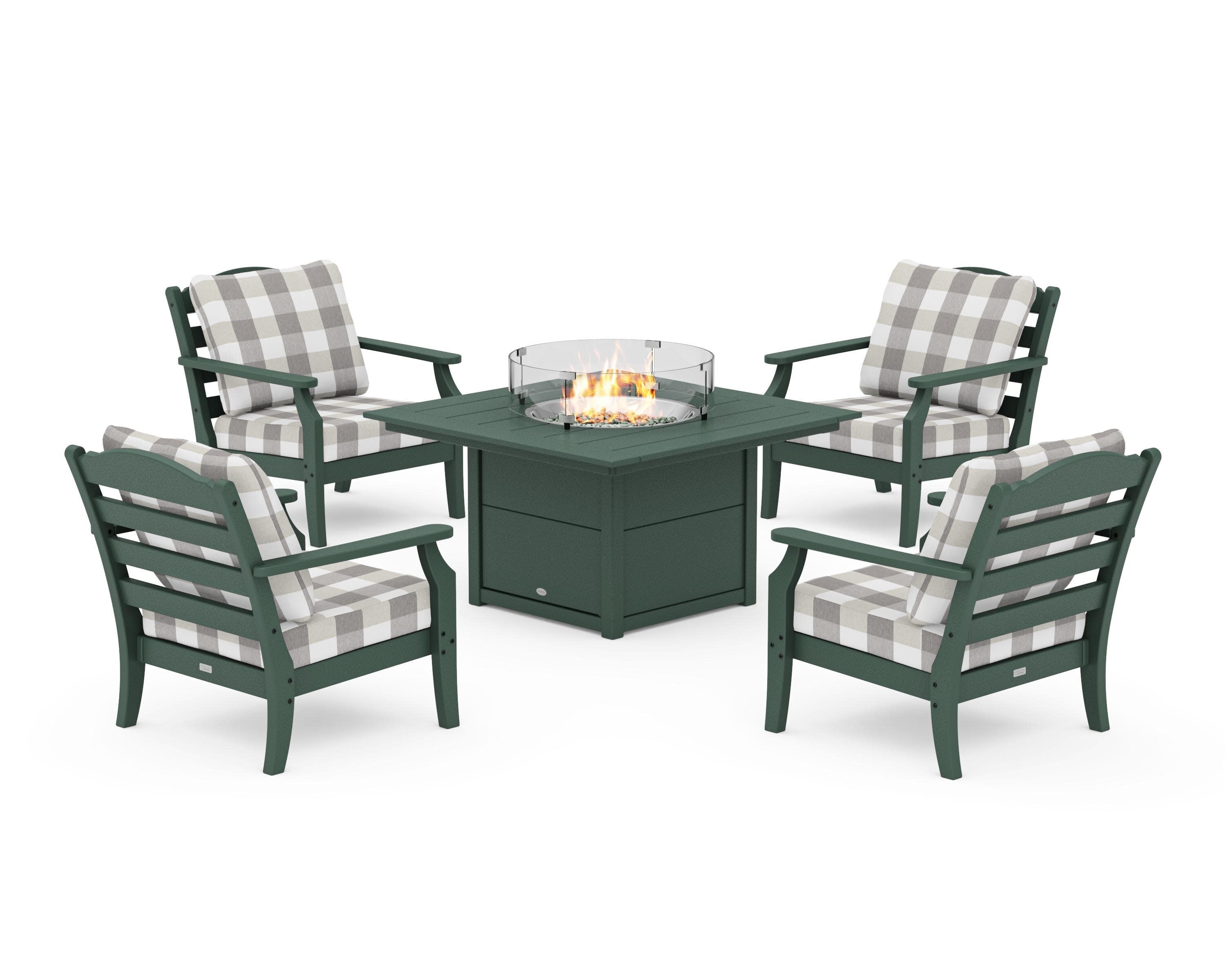 Savannah 5-Piece Deep Seating Set with Fire Pit Table in Green / Buffalo Plaid Grey Mist