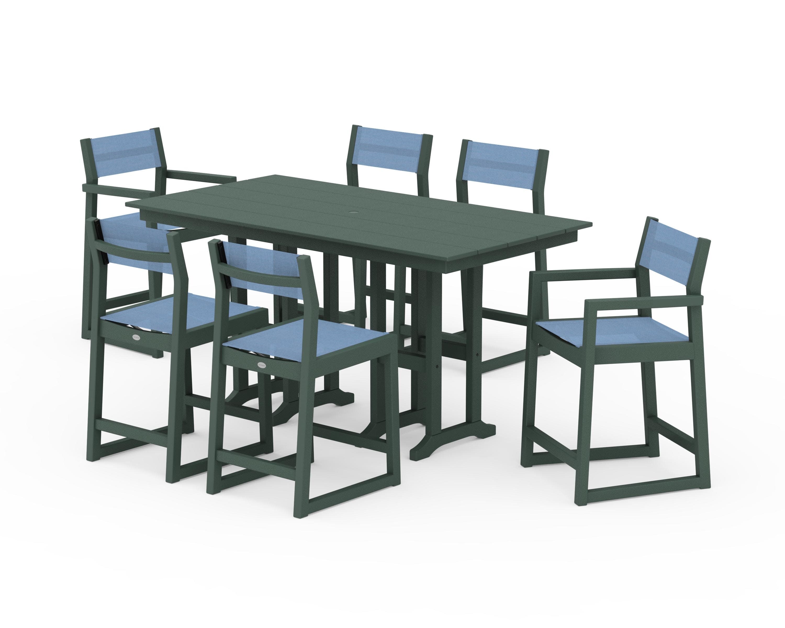 EDGE Sling 7-Piece Farmhouse Counter Set with Trestle Legs in Green / Poolside Sling
