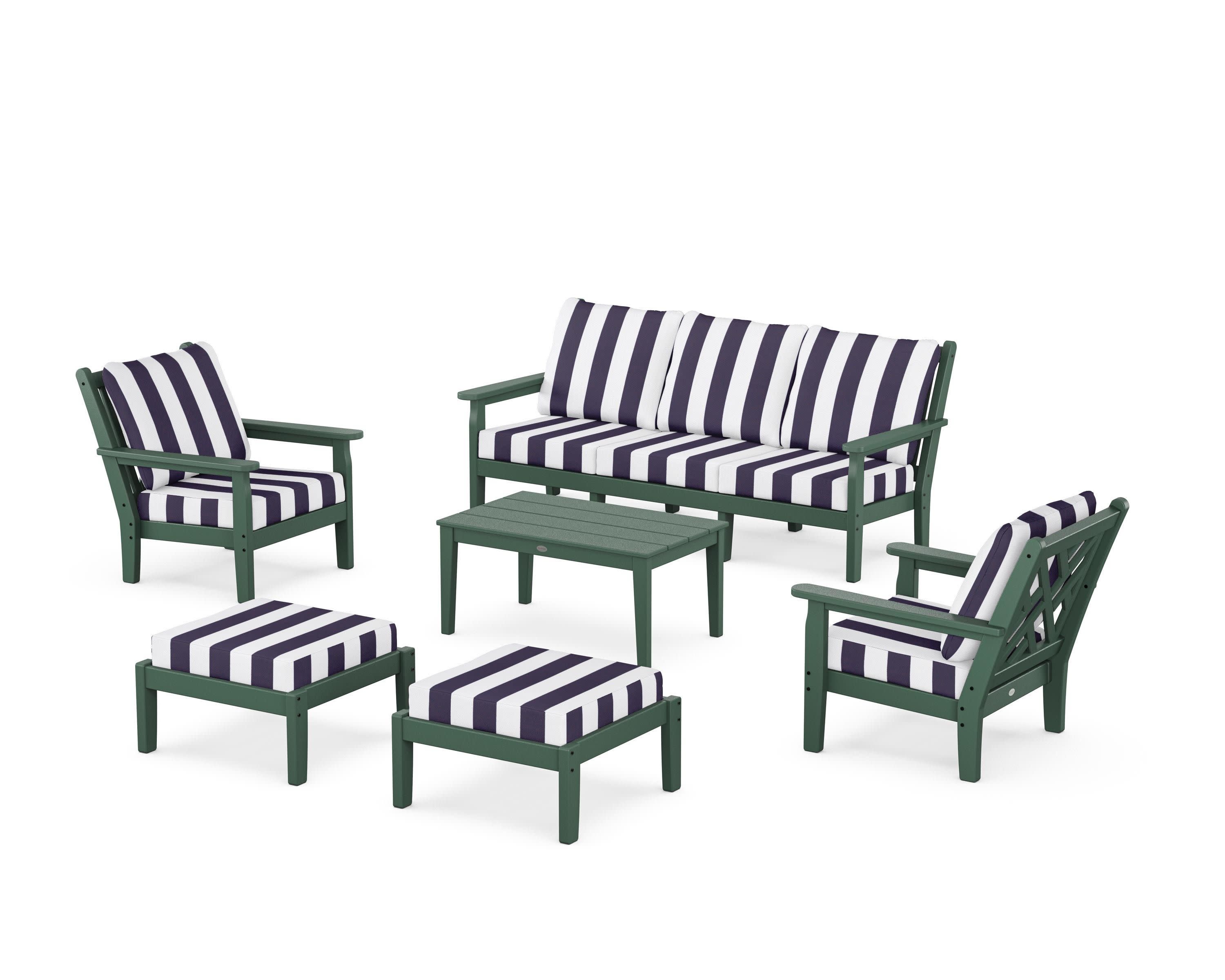 Chippendale 6-Piece Lounge Sofa Set in Green / Cabana Stripe Navy