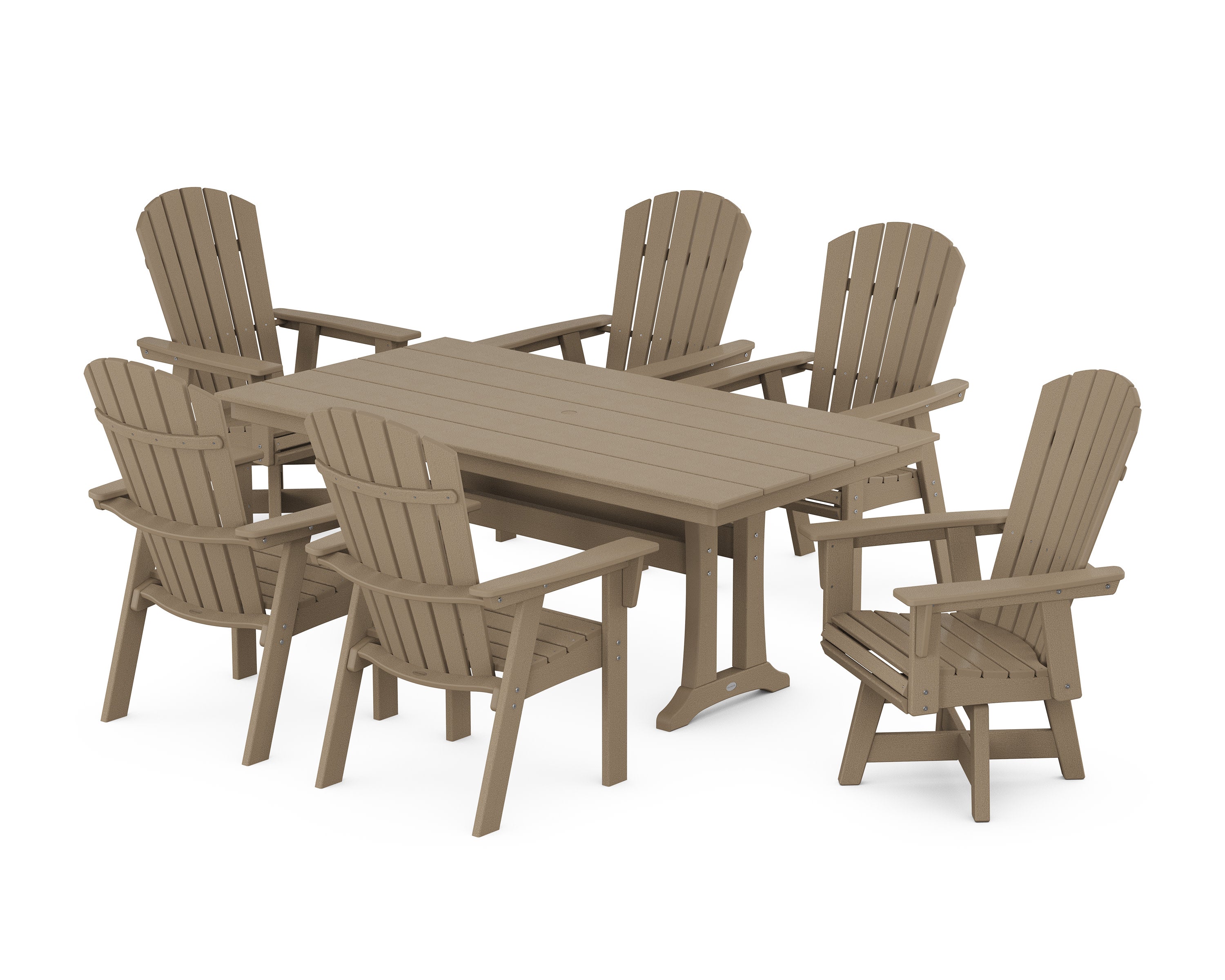 Nautical Curveback Adirondack Swivel Chair 7-Piece Farmhouse Dining Set With Trestle Legs in Vintage Sahara
