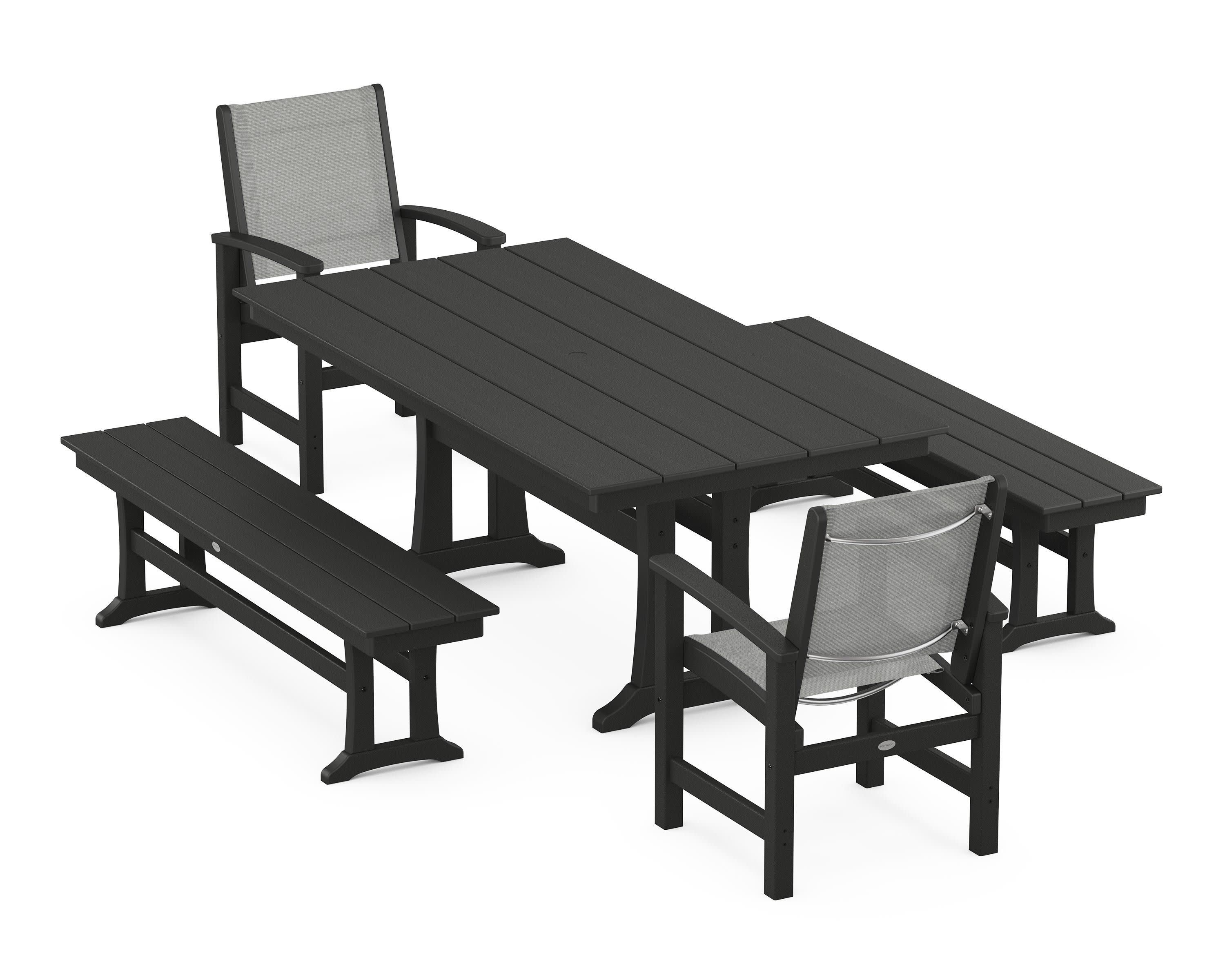 Coastal 5-Piece Farmhouse Dining Set with Trestle Legs and Benches in Black / Metallic Sling