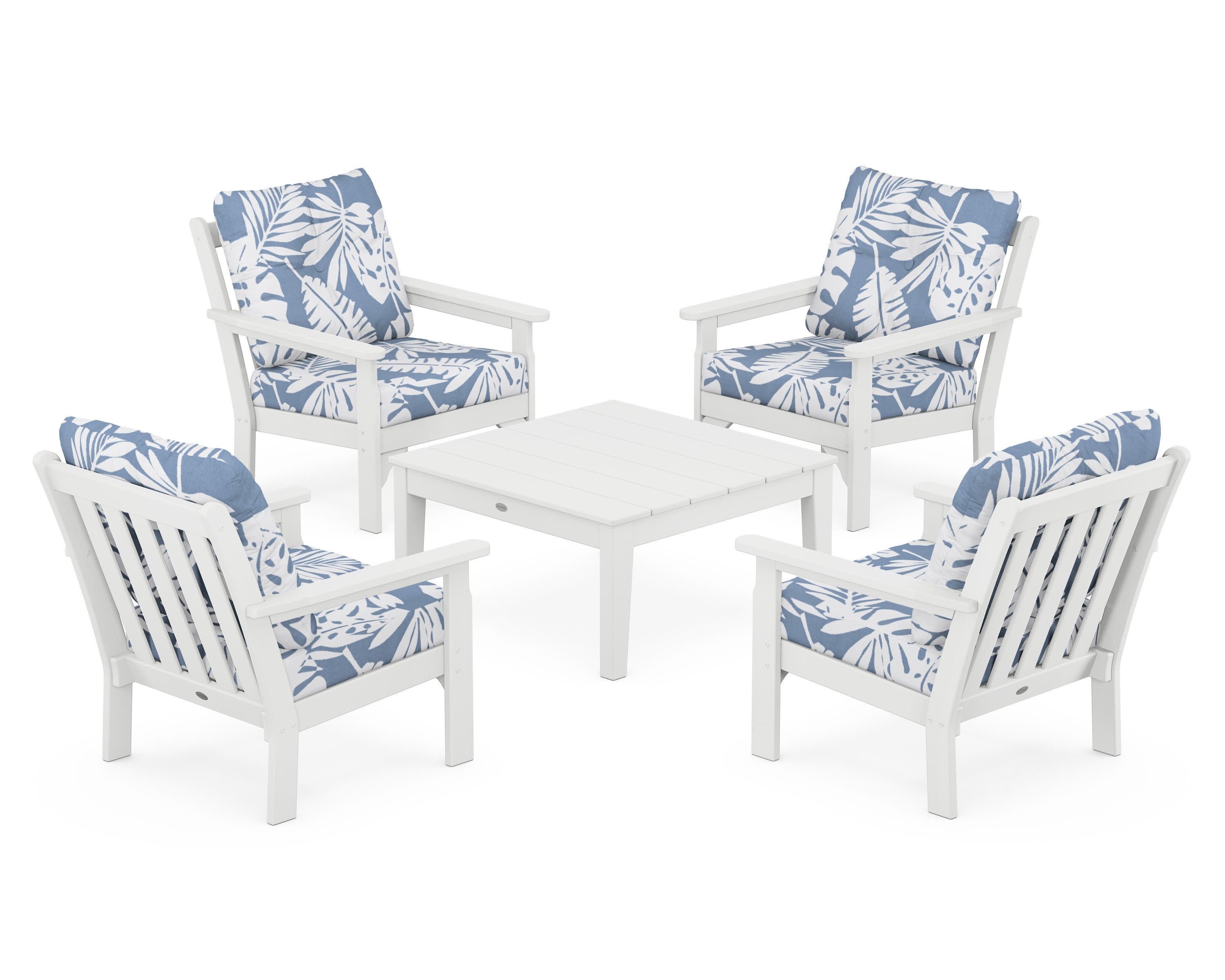 Vineyard 5-Piece Deep Seating Conversation Set in White / Leaf Sky Blue