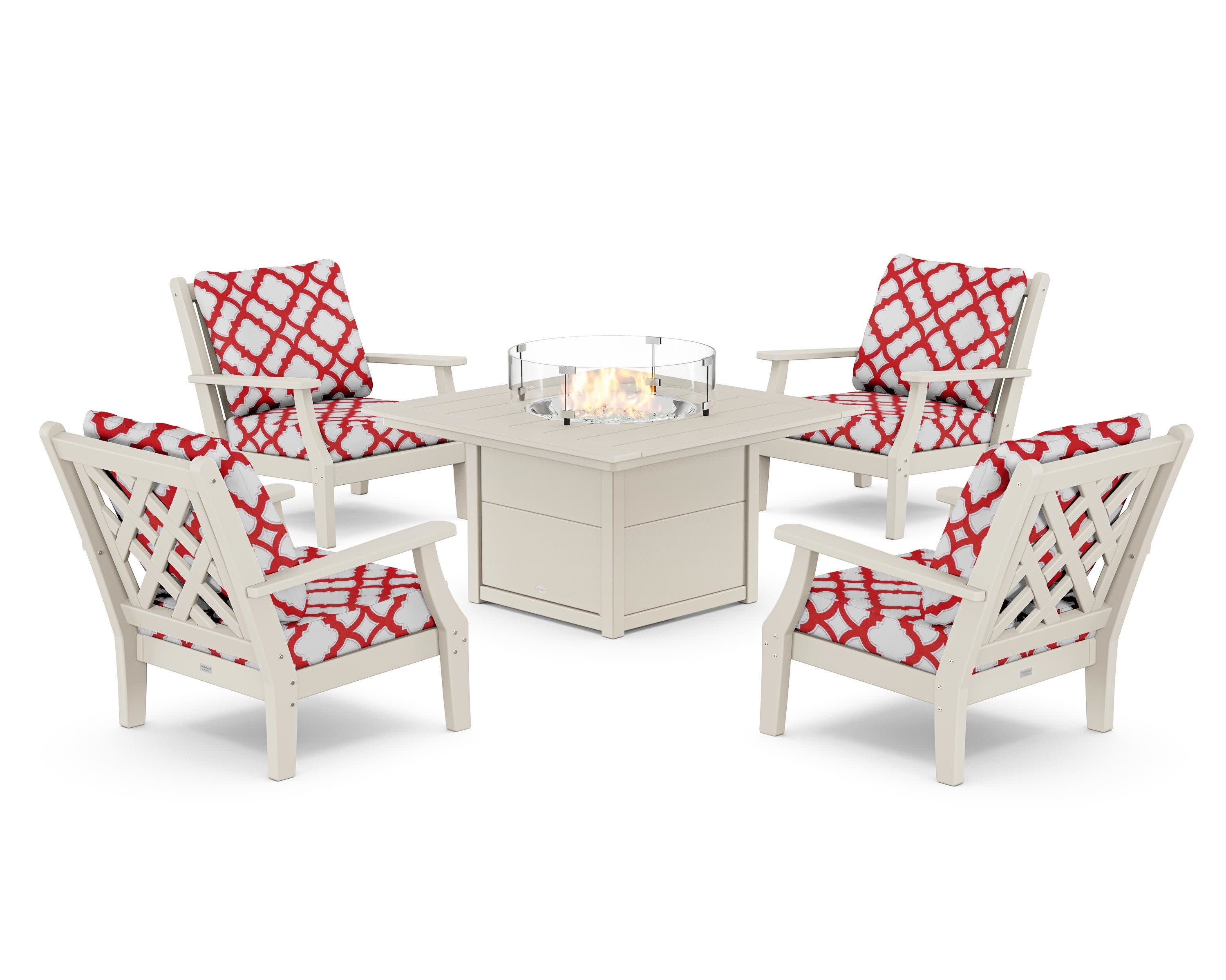 Wovendale 5-Piece Deep Seating Set with Fire Pit Table in Sand / Trellis Crimson