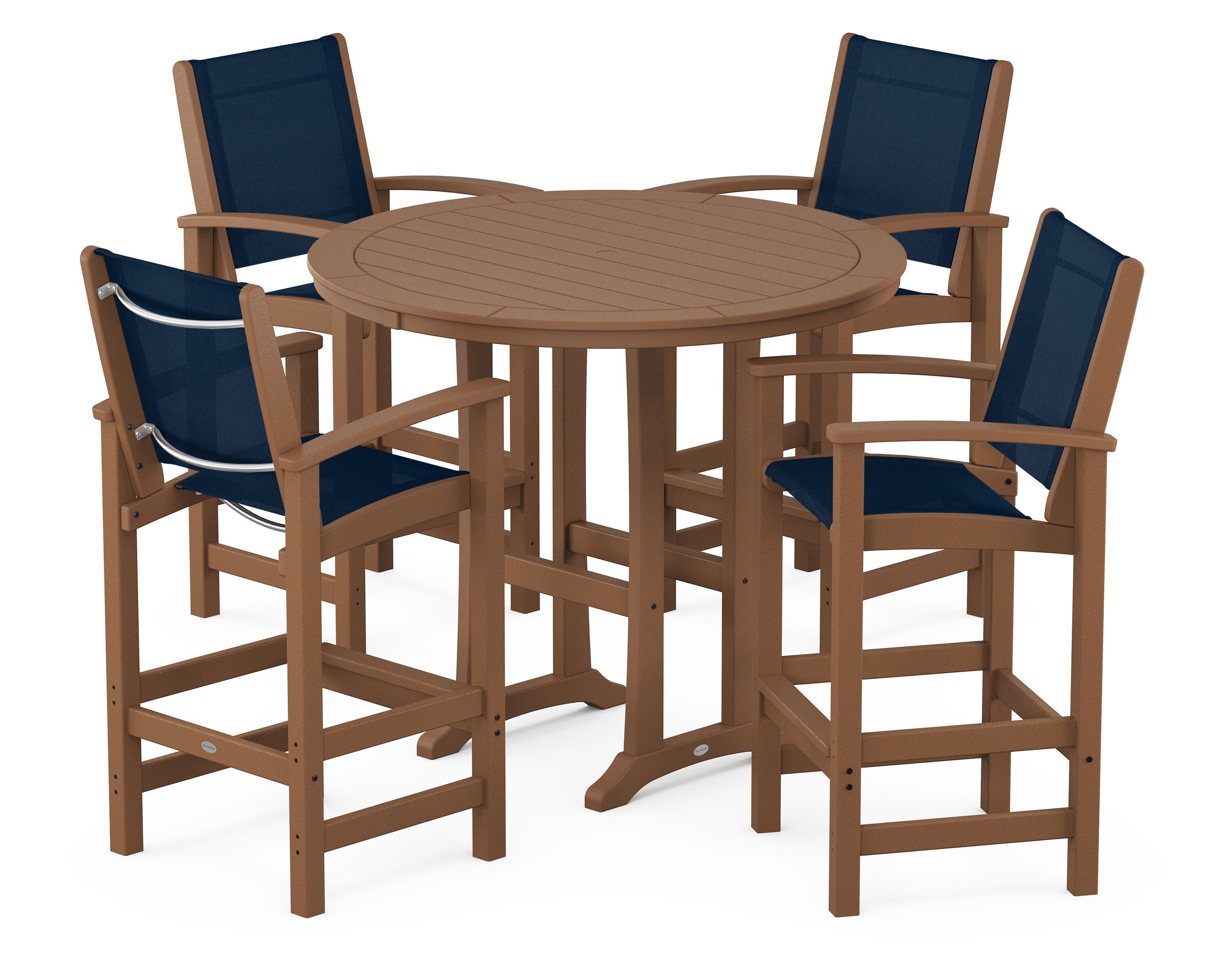Coastal 5-Piece Nautical Trestle Bar Set in Teak / Navy Blue Sling