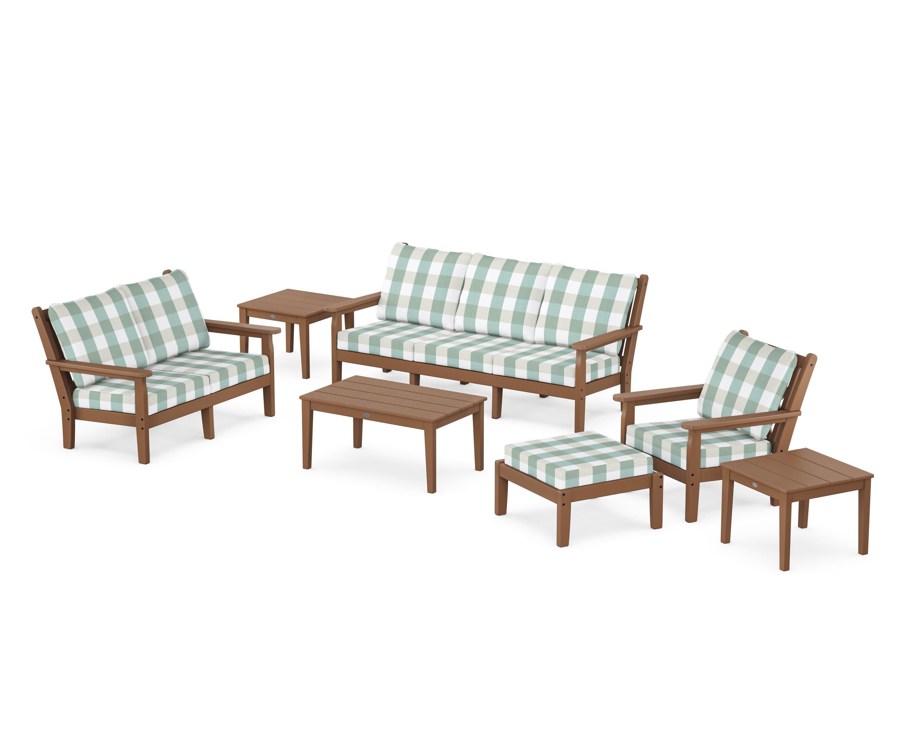 Chippendale 7-Piece Deep Seating Set in Teak / Buffalo Plaid Glacier Spa