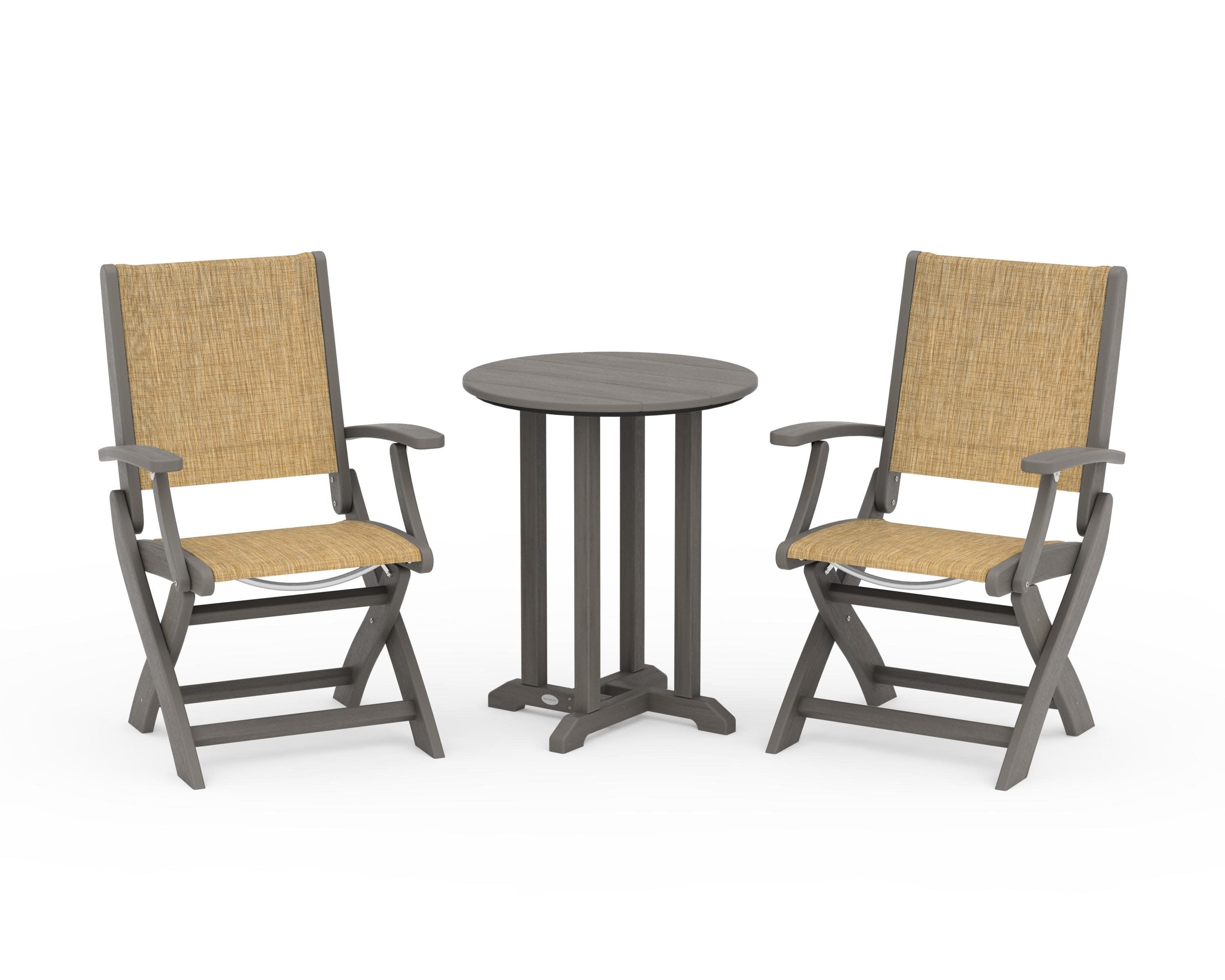 Coastal Folding 3-Piece Round Bistro Dining Set in Driftwood / Burlap Sling