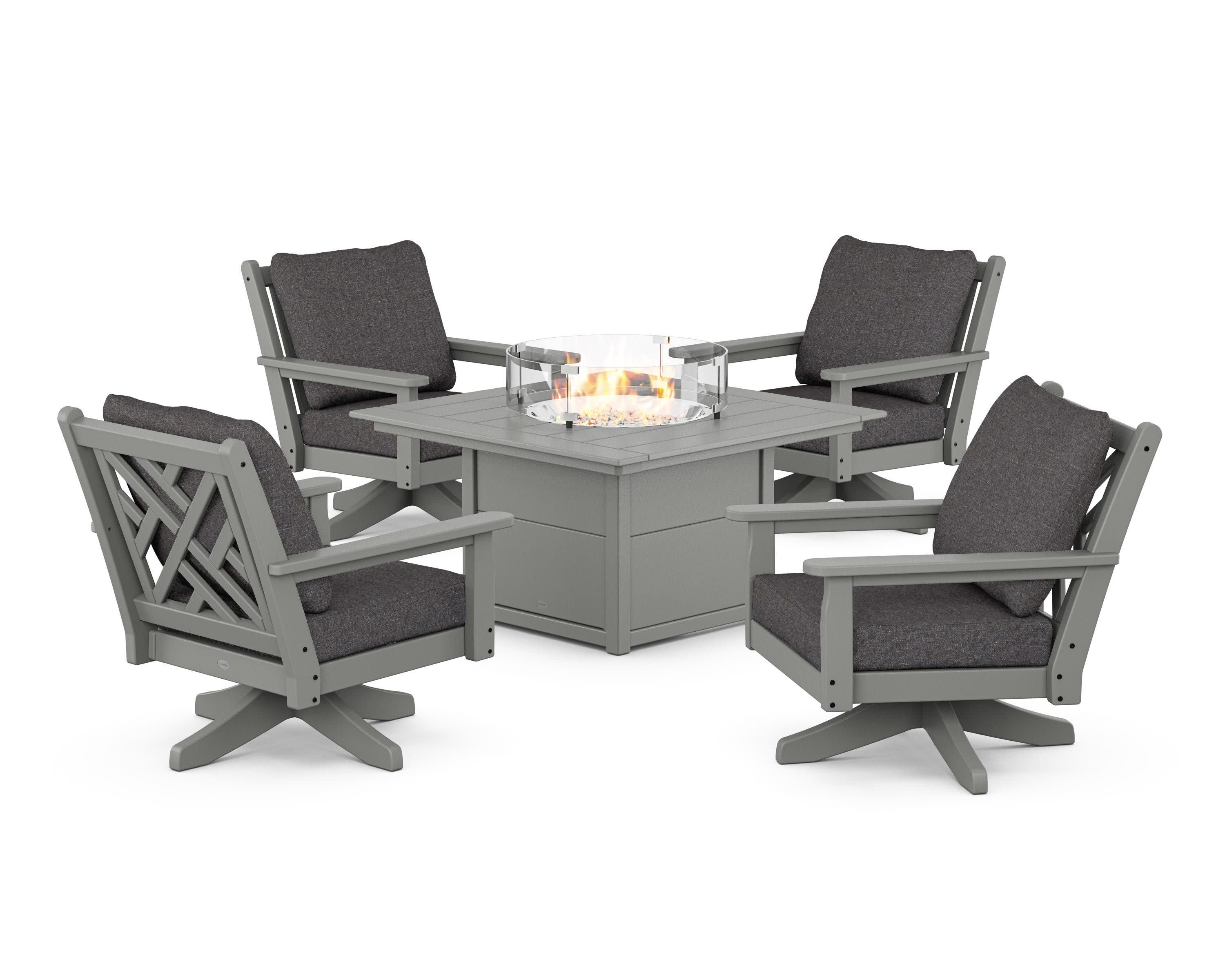 Chippendale 5-Piece Deep Seating Swivel Conversation Set with Fire Pit Table in Slate Grey / Ash Charcoal