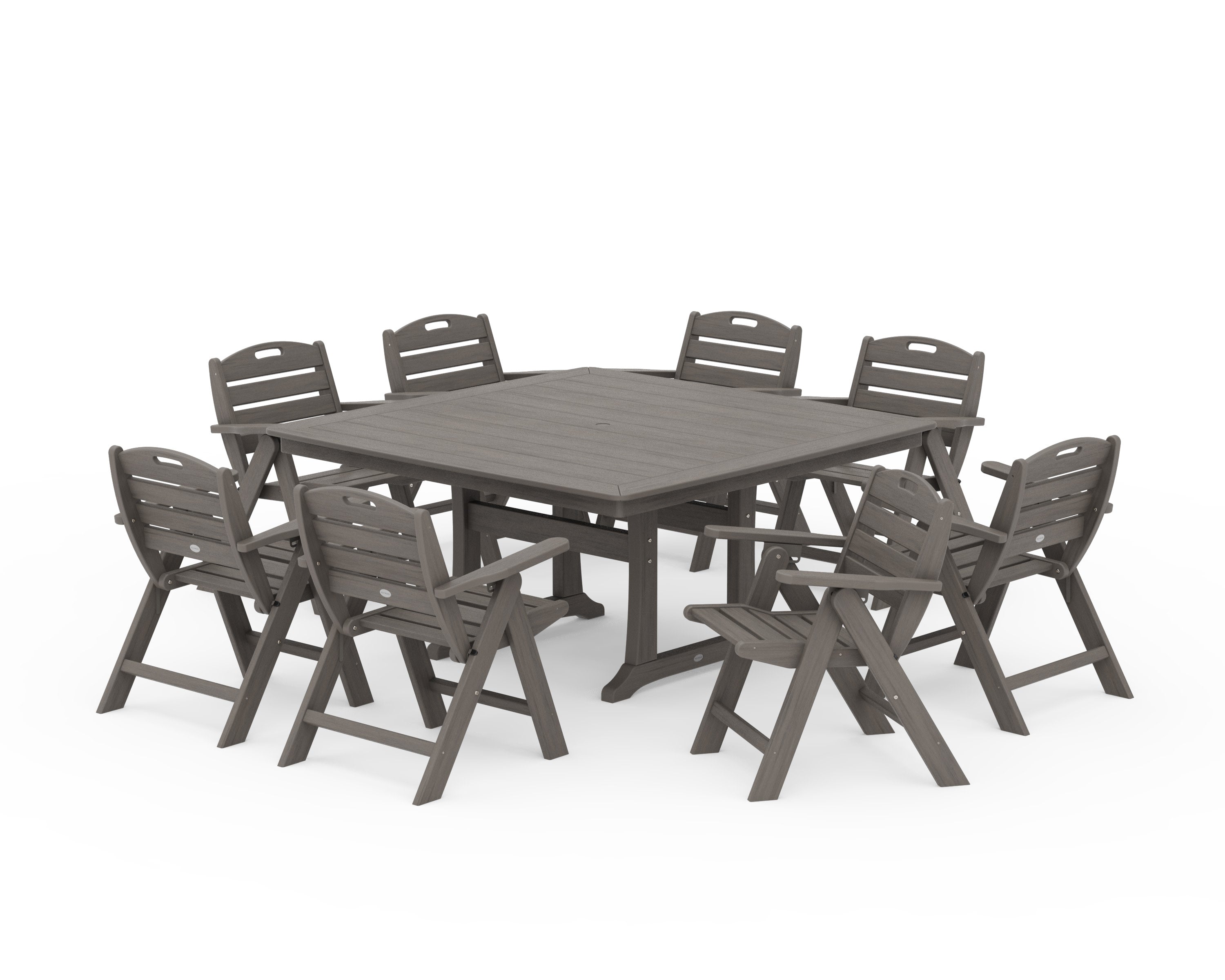 Nautical Lowback 9-Piece Square Dining Set with Trestle Legs in Driftwood