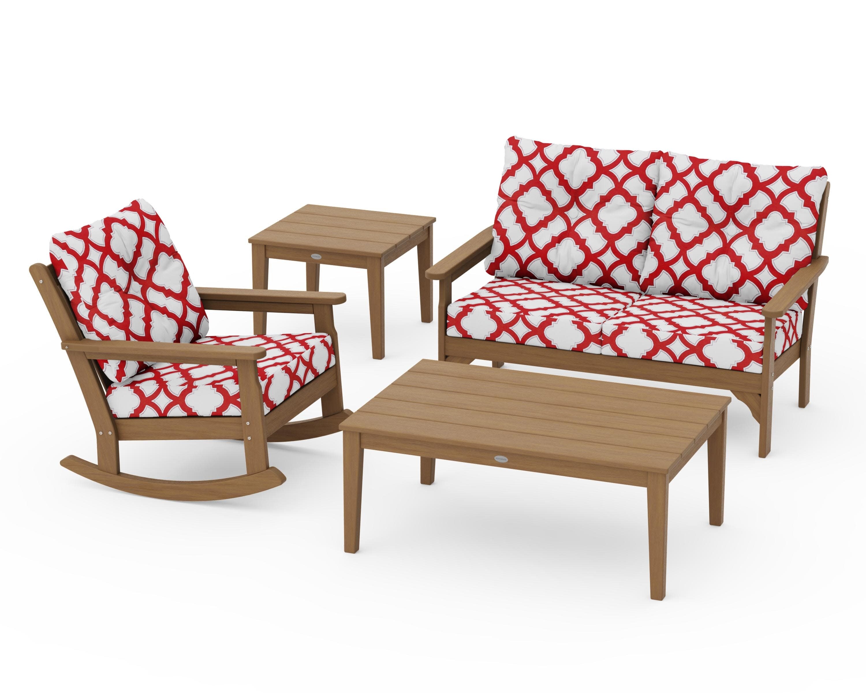 Vineyard 4-Piece Deep Seating Rocker Set in Natural / Trellis Crimson