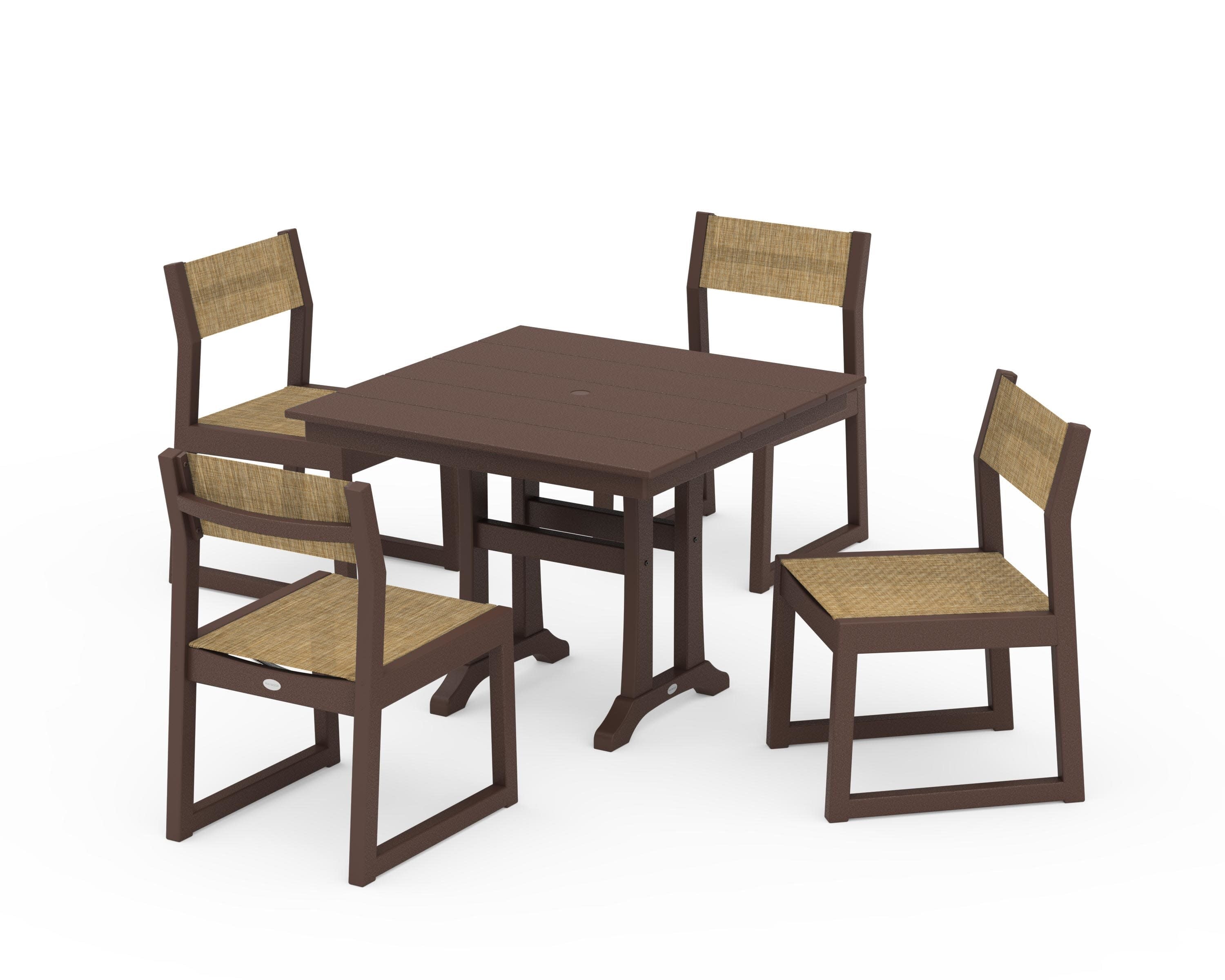EDGE Sling 5-Piece Farmhouse Trestle Side Chair Dining Set in Mahogany / Burlap Sling