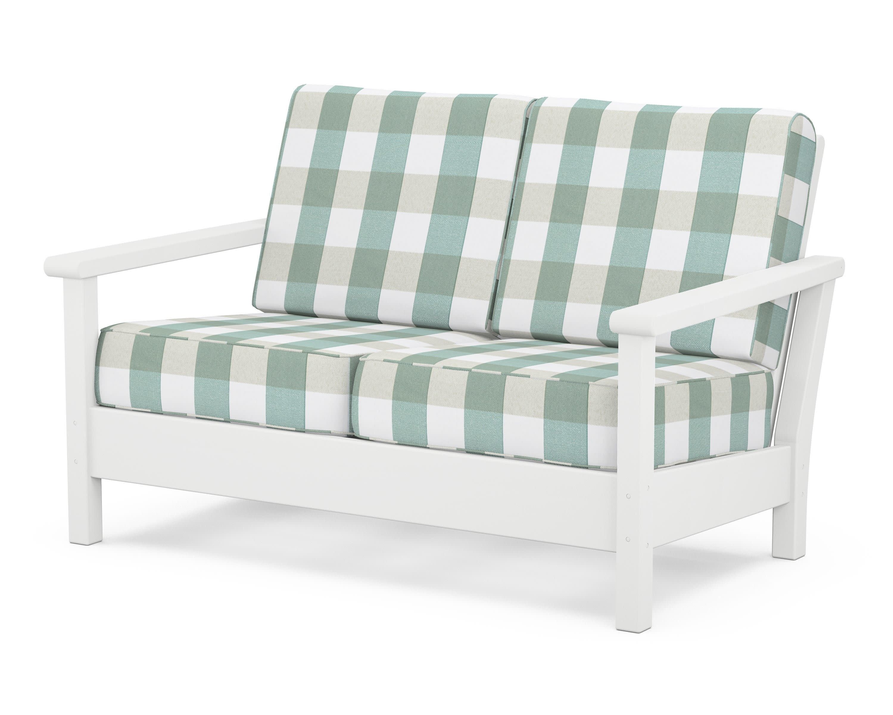 Harbour Deep Seating Loveseat in White / Buffalo Plaid Glacier Spa