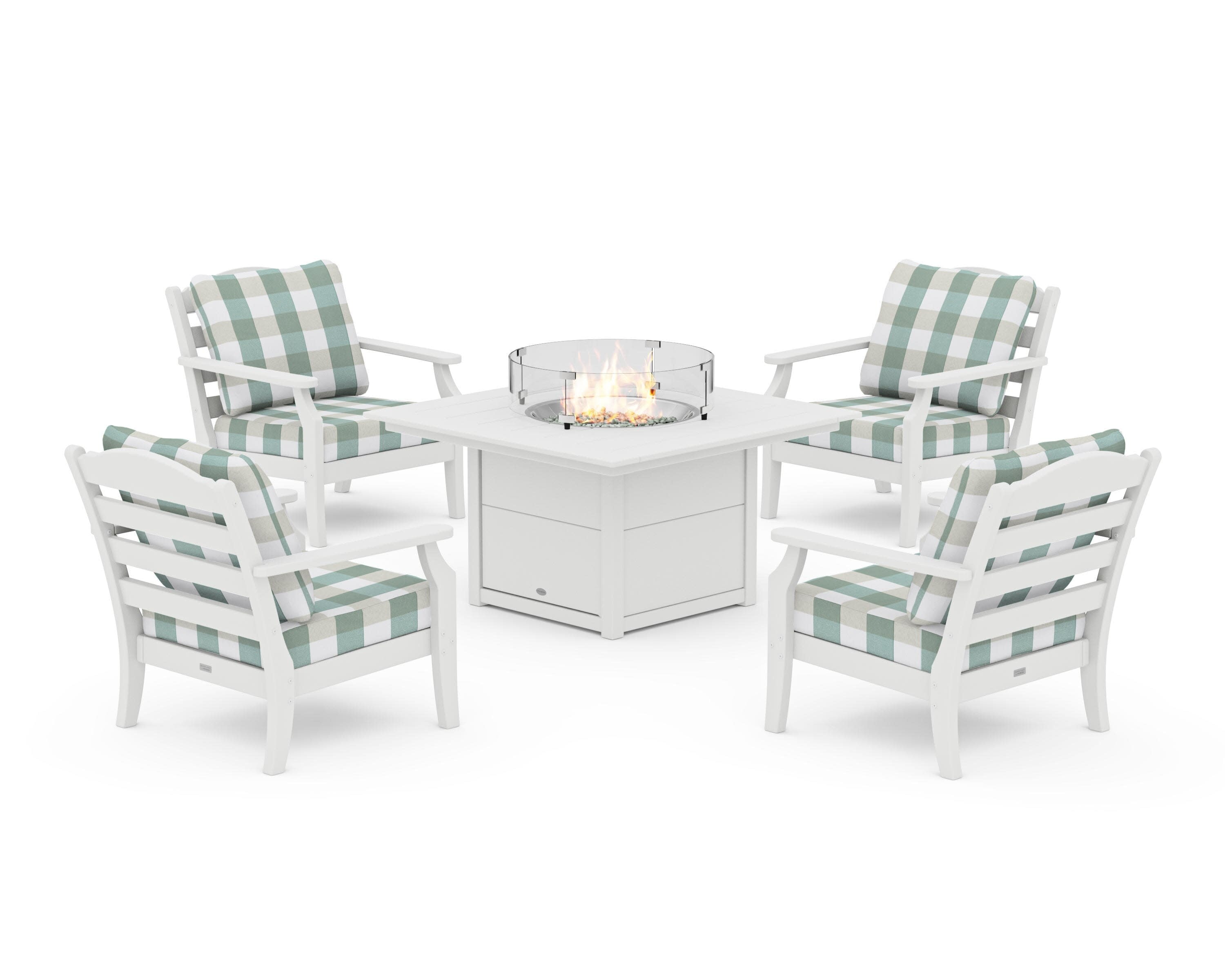Savannah 5-Piece Deep Seating Set with Fire Pit Table in White / Buffalo Plaid Glacier Spa