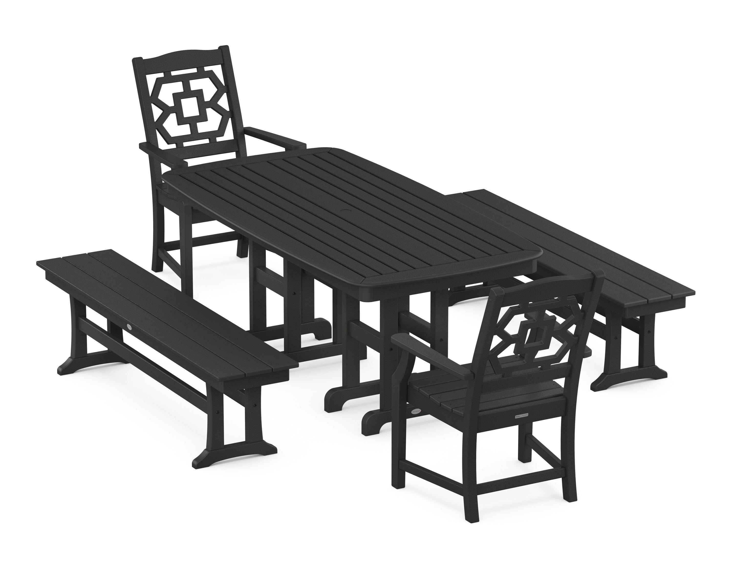 Chinoiserie 5-Piece Dining Set with Benches in Black
