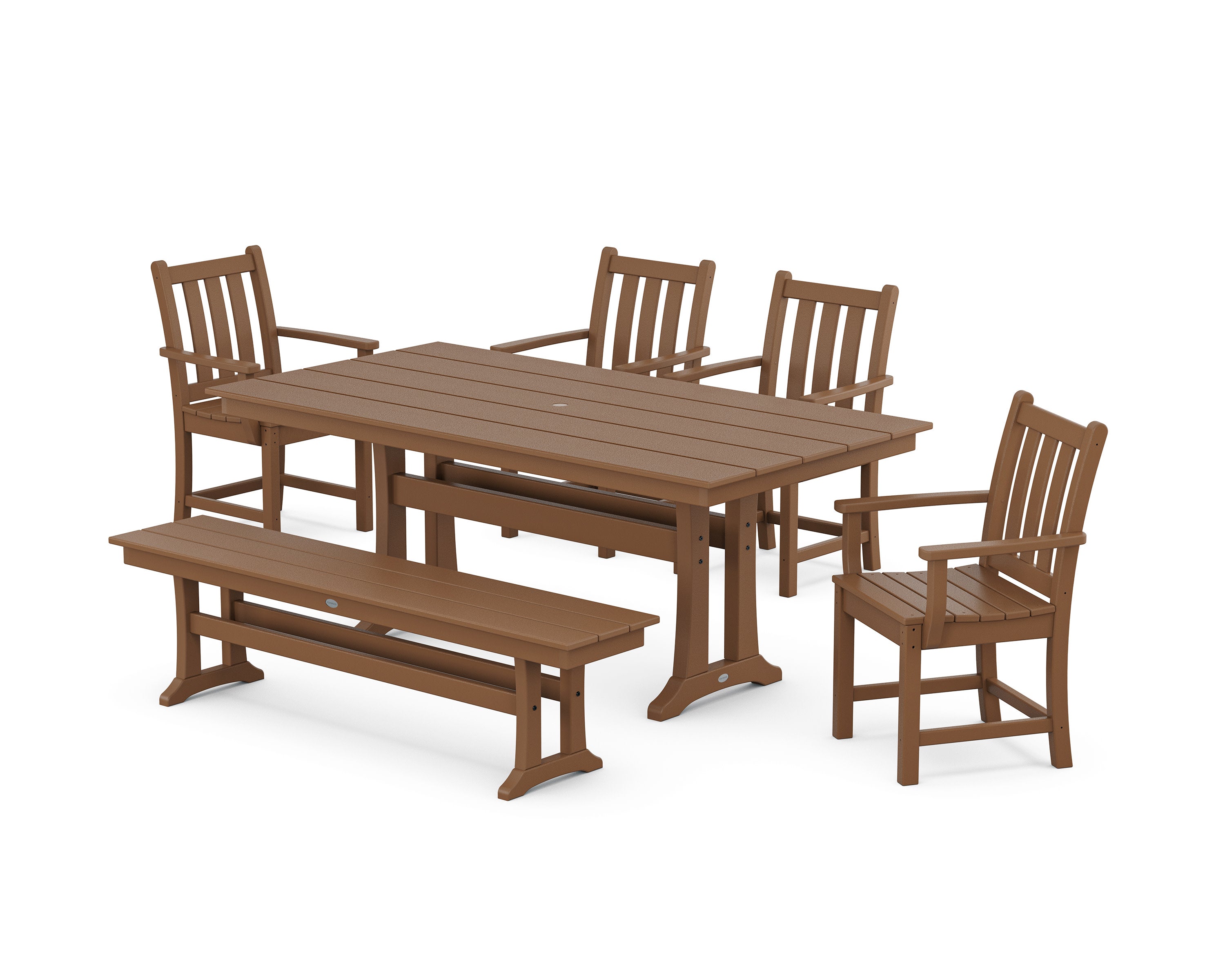 Traditional Garden Arm Chair 6-Piece Farmhouse Dining Set with Trestle Legs and Bench in Teak