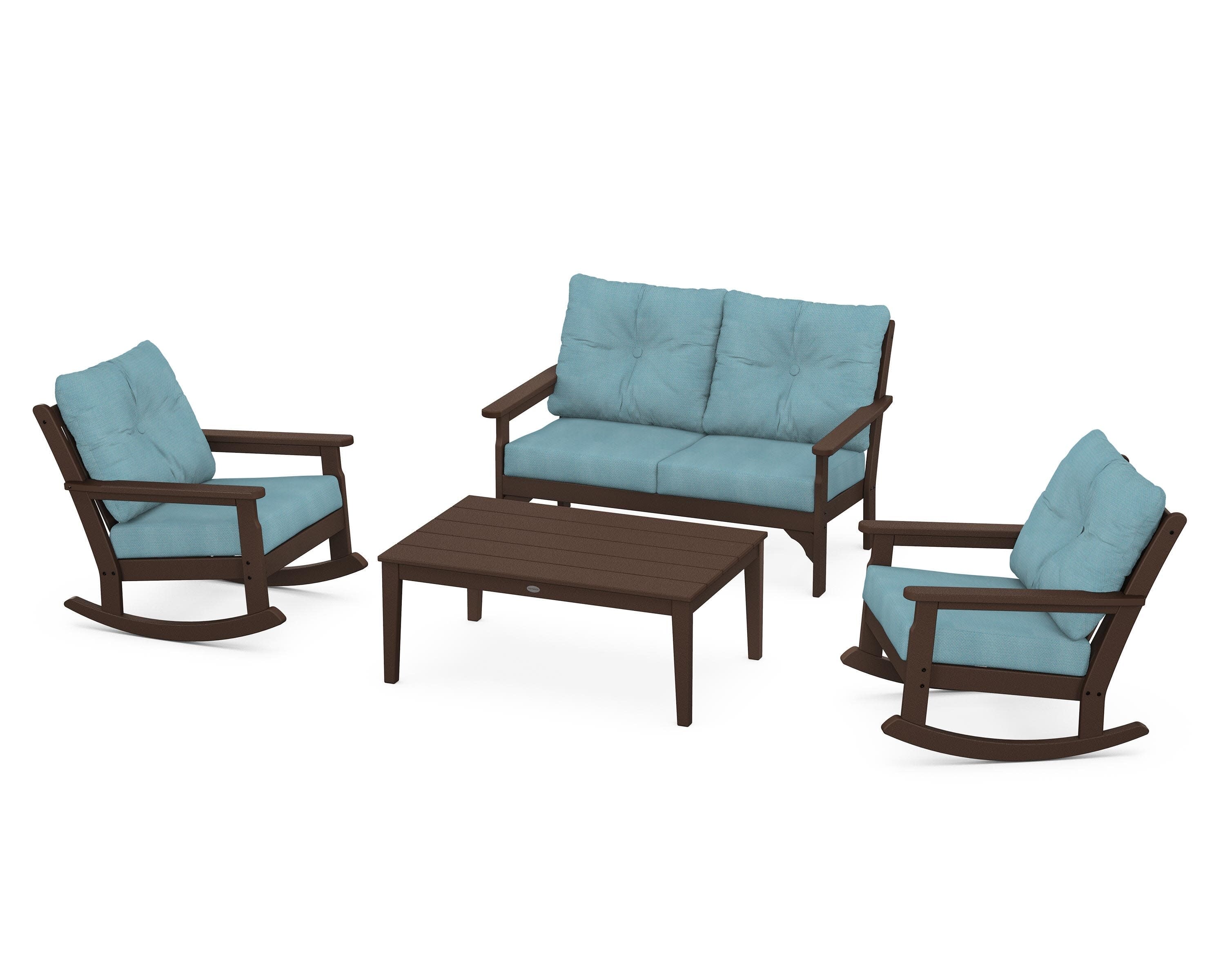 Vineyard 4-Piece Deep Seating Rocking Chair Set in Mahogany / Lattice Sky Blue