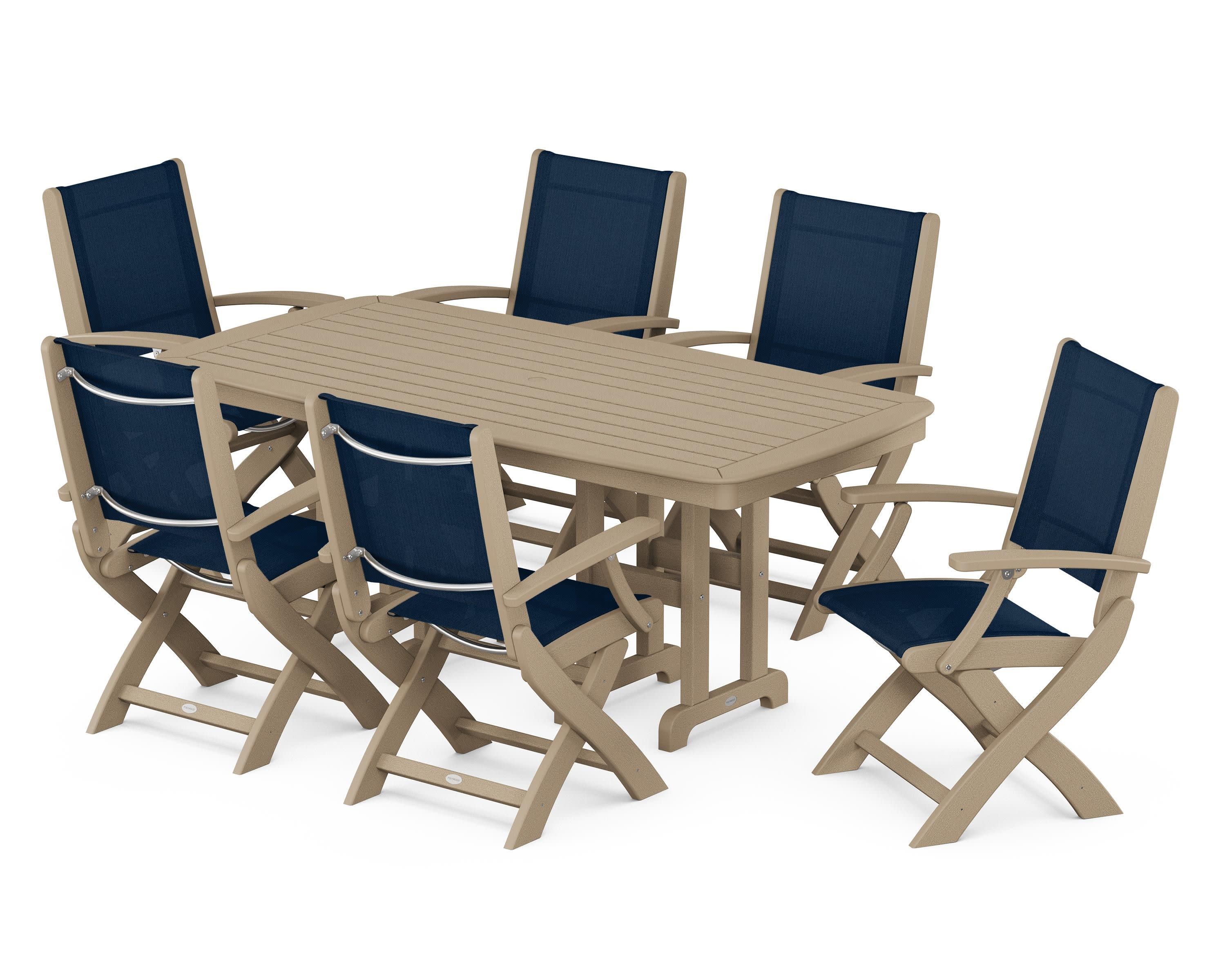 Coastal Folding Arm Chair 7-Piece Dining Set in Vintage Sahara / Navy Blue Sling
