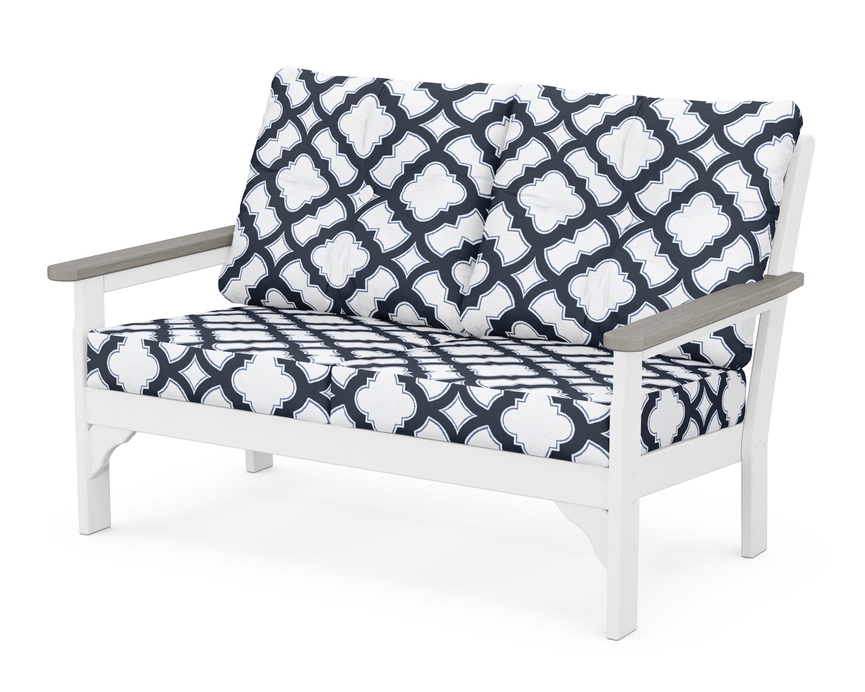 Vineyard Deep Seating Loveseat in White / Driftwood / Trellis Marine Indigo