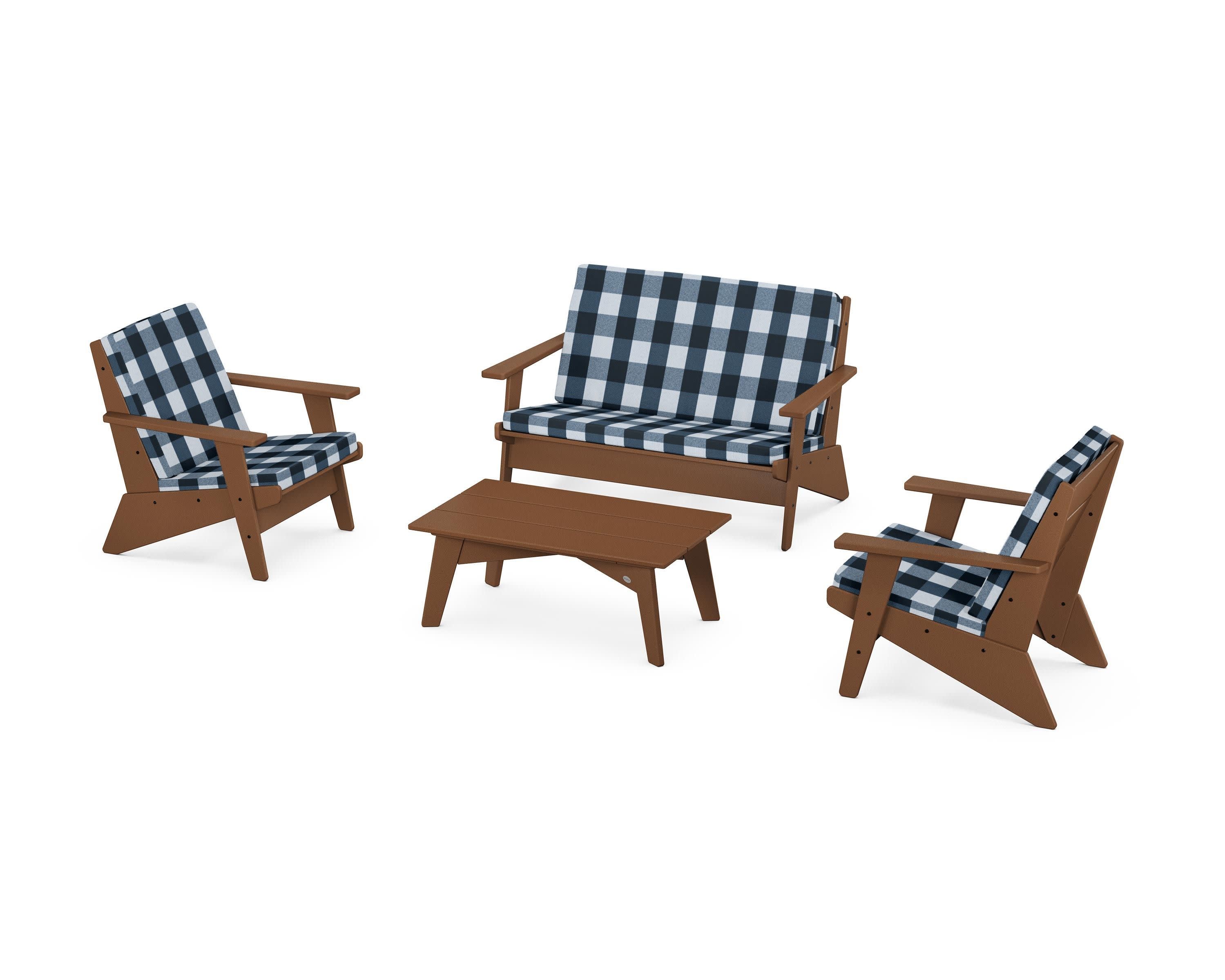 Riviera Modern Lounge 4-Piece Set in Teak / Buffalo Plaid Marine Indigo