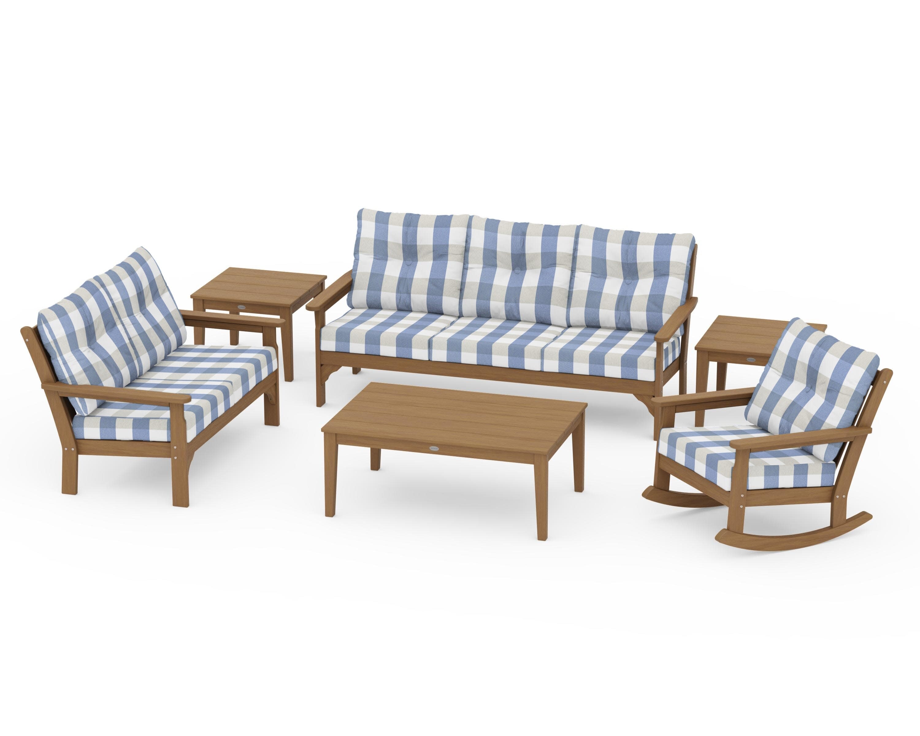 Vineyard 6-Piece Deep Seating Set in Natural / Buffalo Plaid Sky Blue